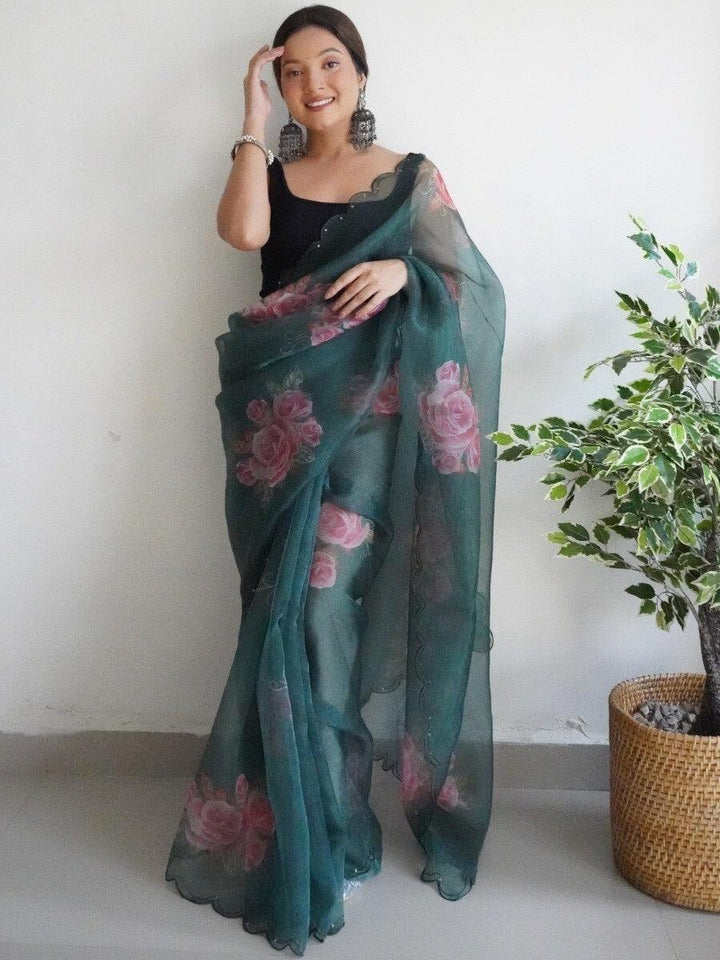 Attractive Dark Green Floral Printed Organza Saree With Blouse