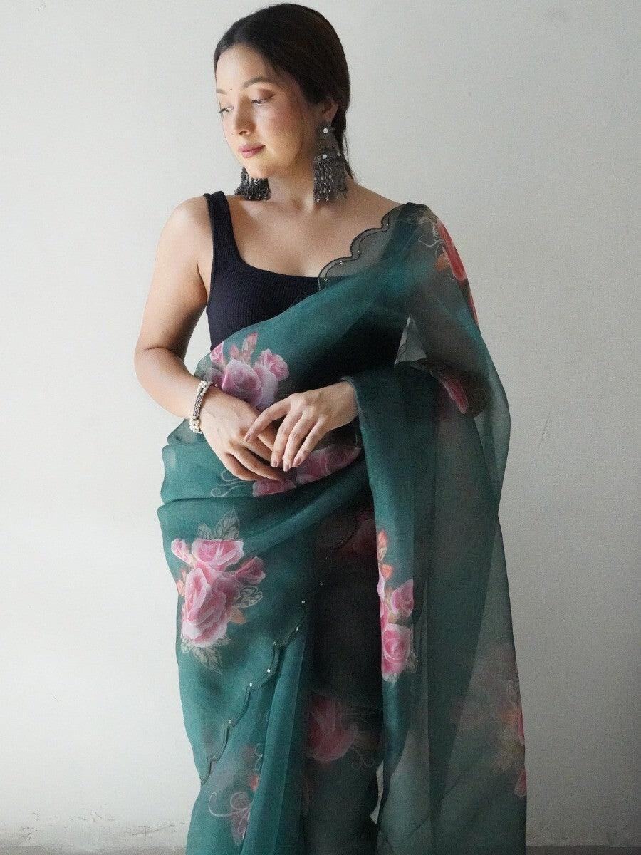 Attractive Dark Green Floral Printed Organza Saree With Blouse