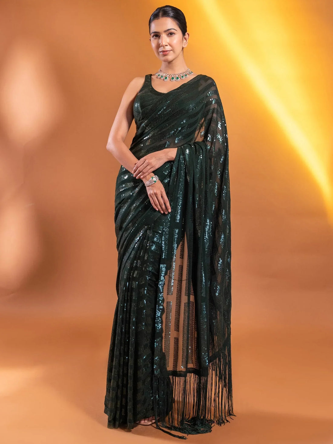 Attractive Dark Green Sequins Georgette Mehendi Wear Saree - Zeel Clothing