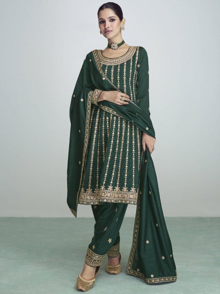 Attractive Dark Green Sequins Silk Wedding Wear Salwar Suit