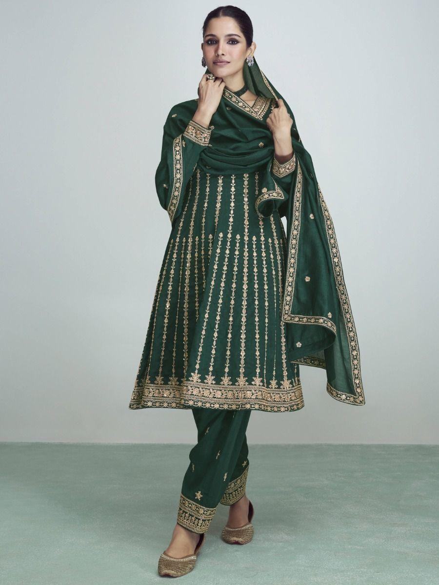 Attractive Dark Green Sequins Silk Wedding Wear Salwar Suit