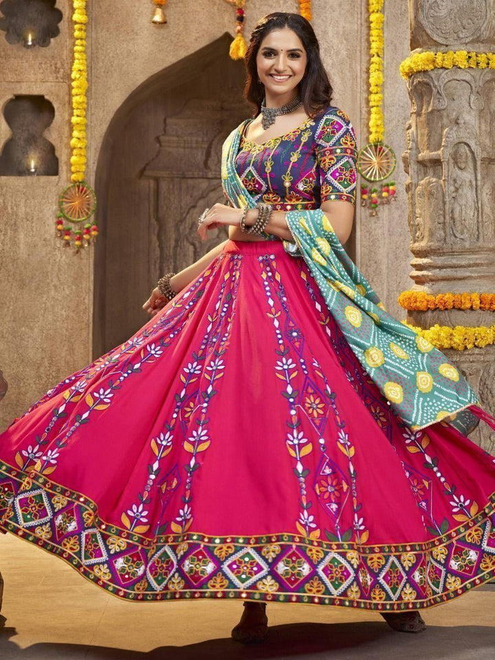 Attractive Deep Pink Gamthi Work Rayon Navratri Lehenga Choli