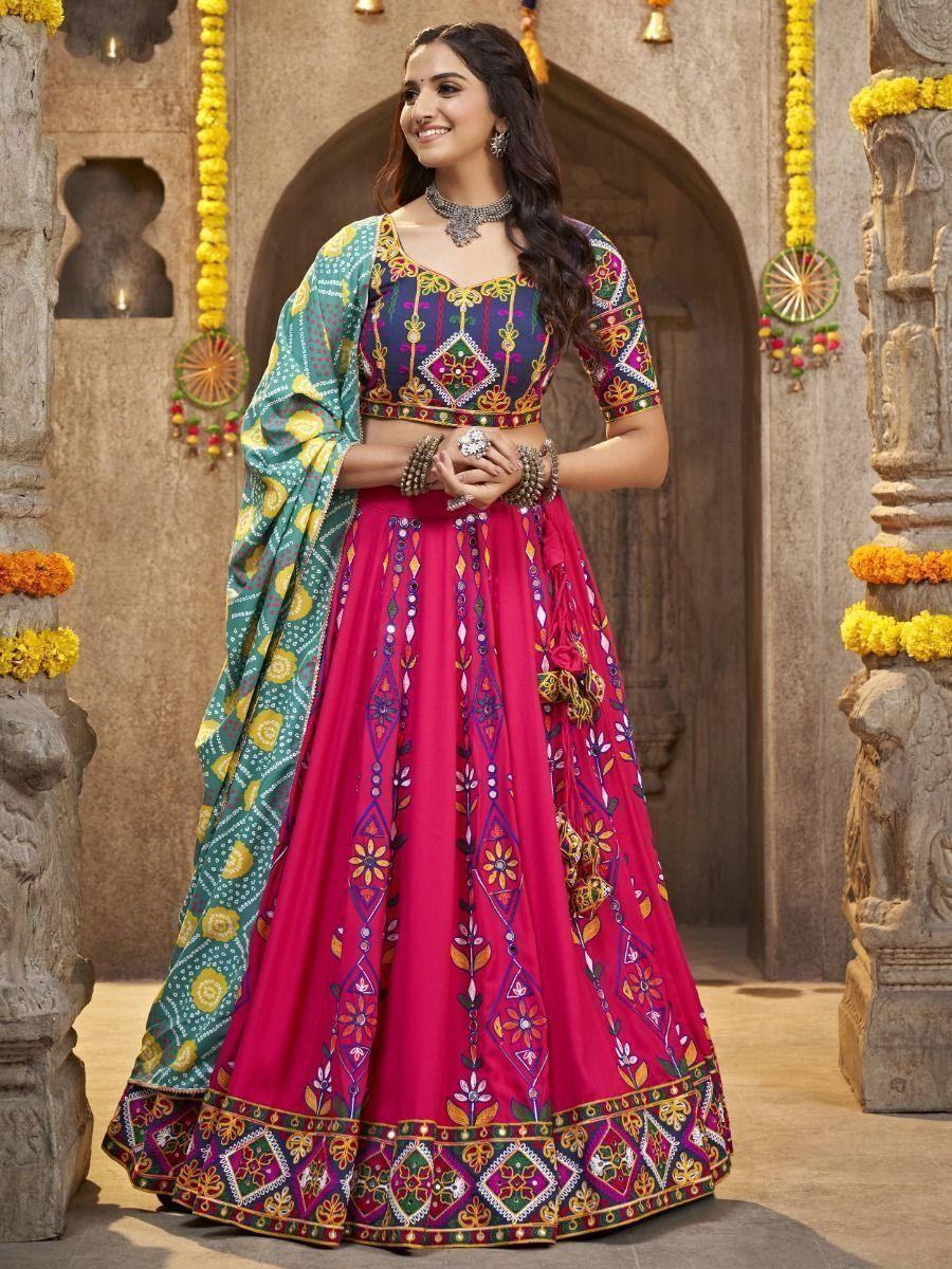 Attractive Deep Pink Gamthi Work Rayon Navratri Lehenga Choli