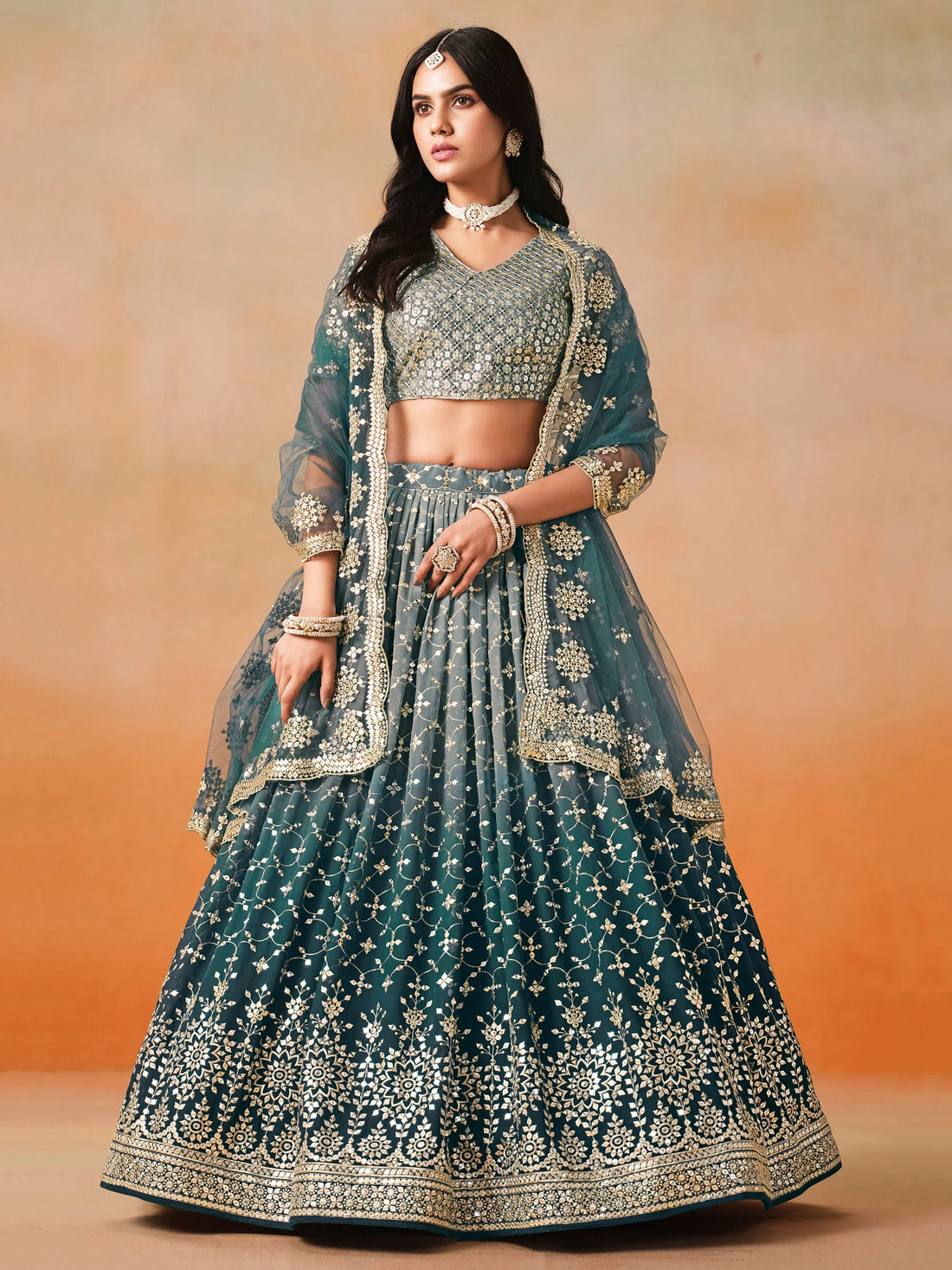 Attractive Dove Blue Zari Embroidered Shaded Lehenga Choli - Zeel Clothing