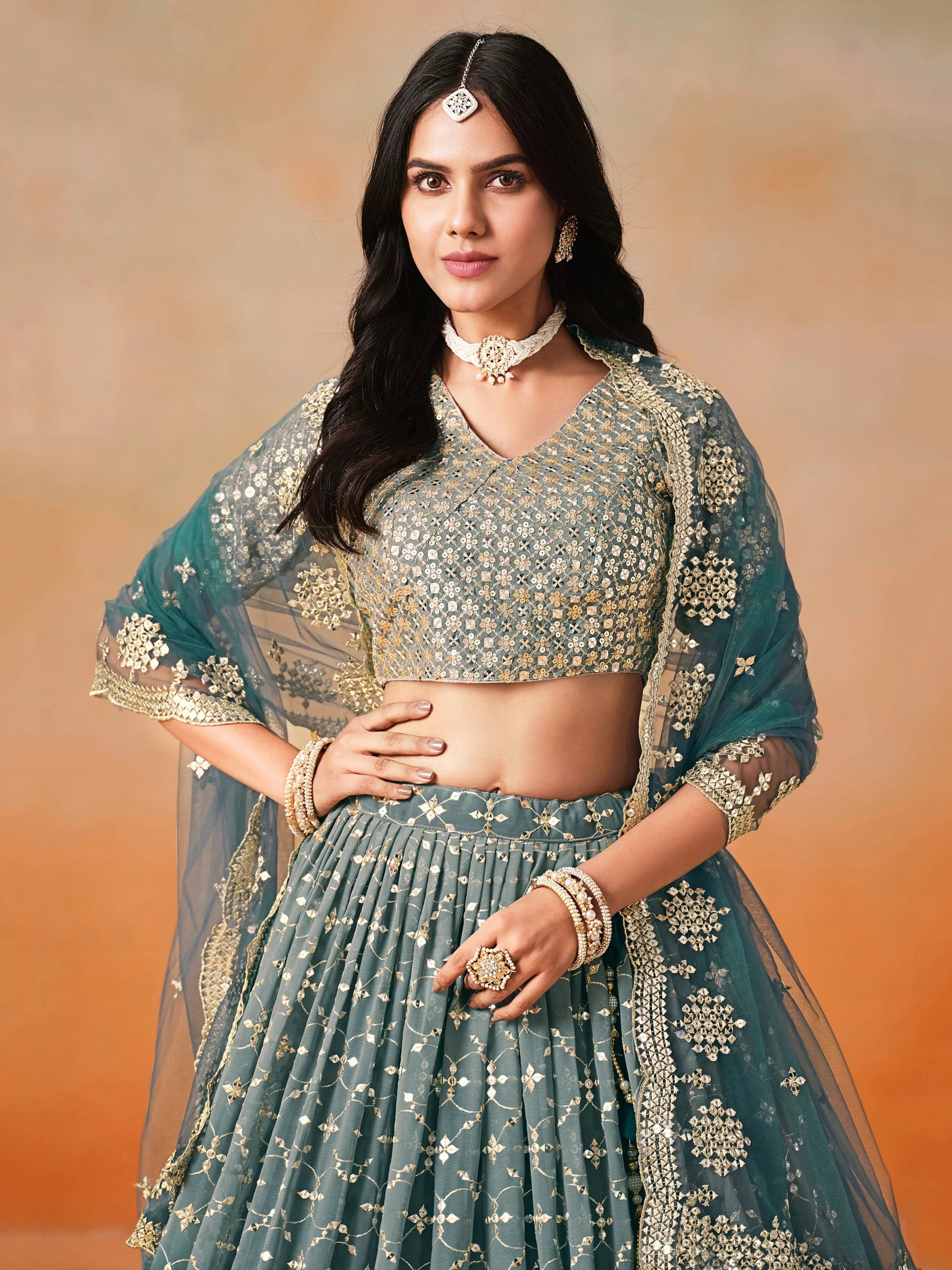 Attractive Dove Blue Zari Embroidered Shaded Lehenga Choli - Zeel Clothing