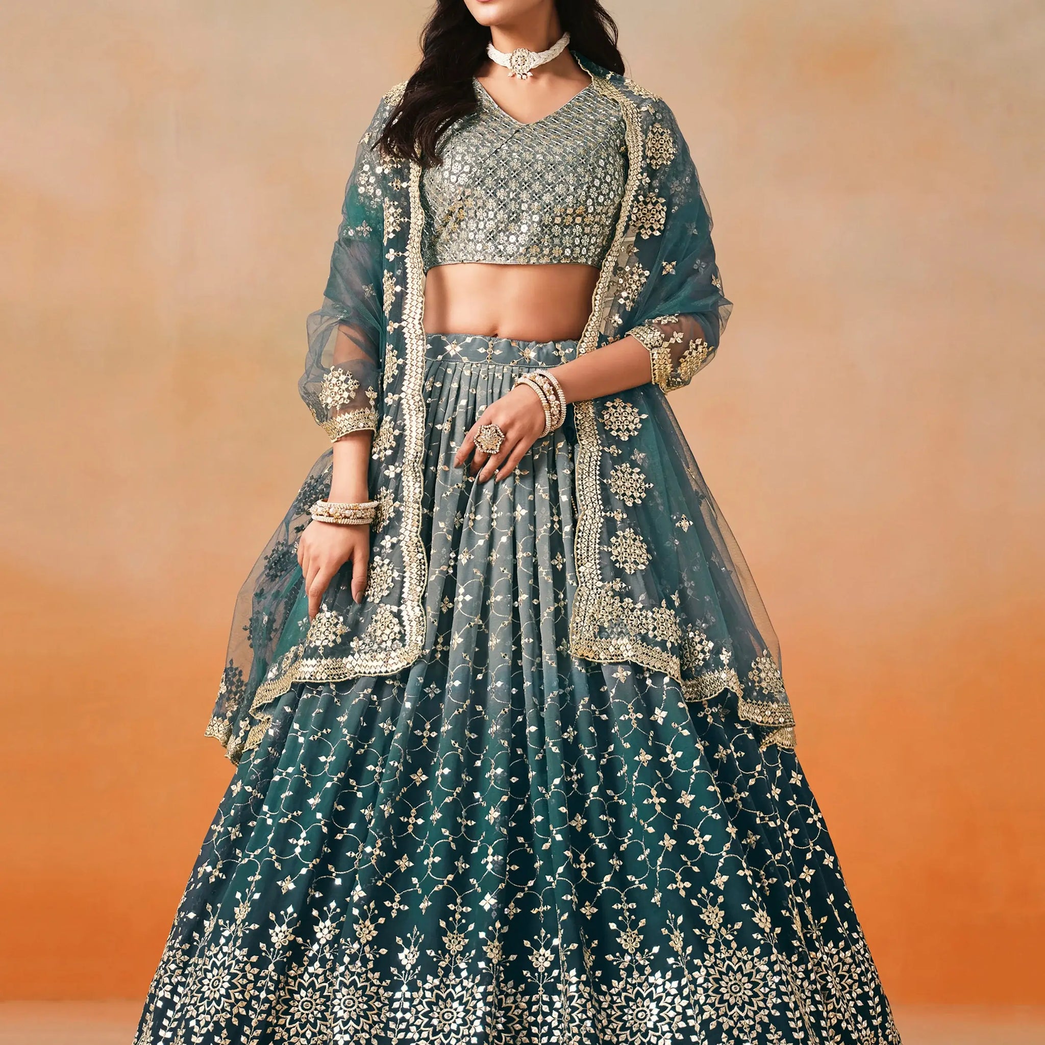 Attractive Dove Blue Zari Embroidered Shaded Lehenga Choli - Zeel Clothing