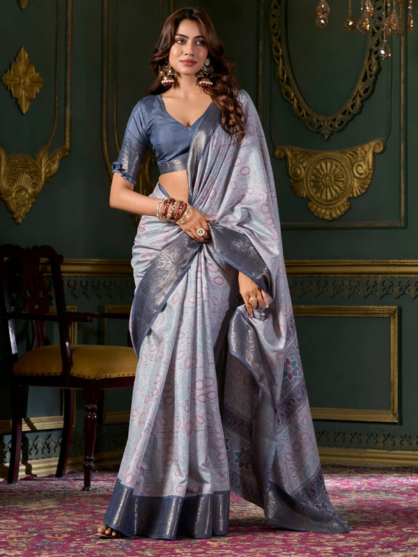 Attractive Dusty Blue Printed Dola Silk Event Wear Saree With Blouse - Zeel Clothing