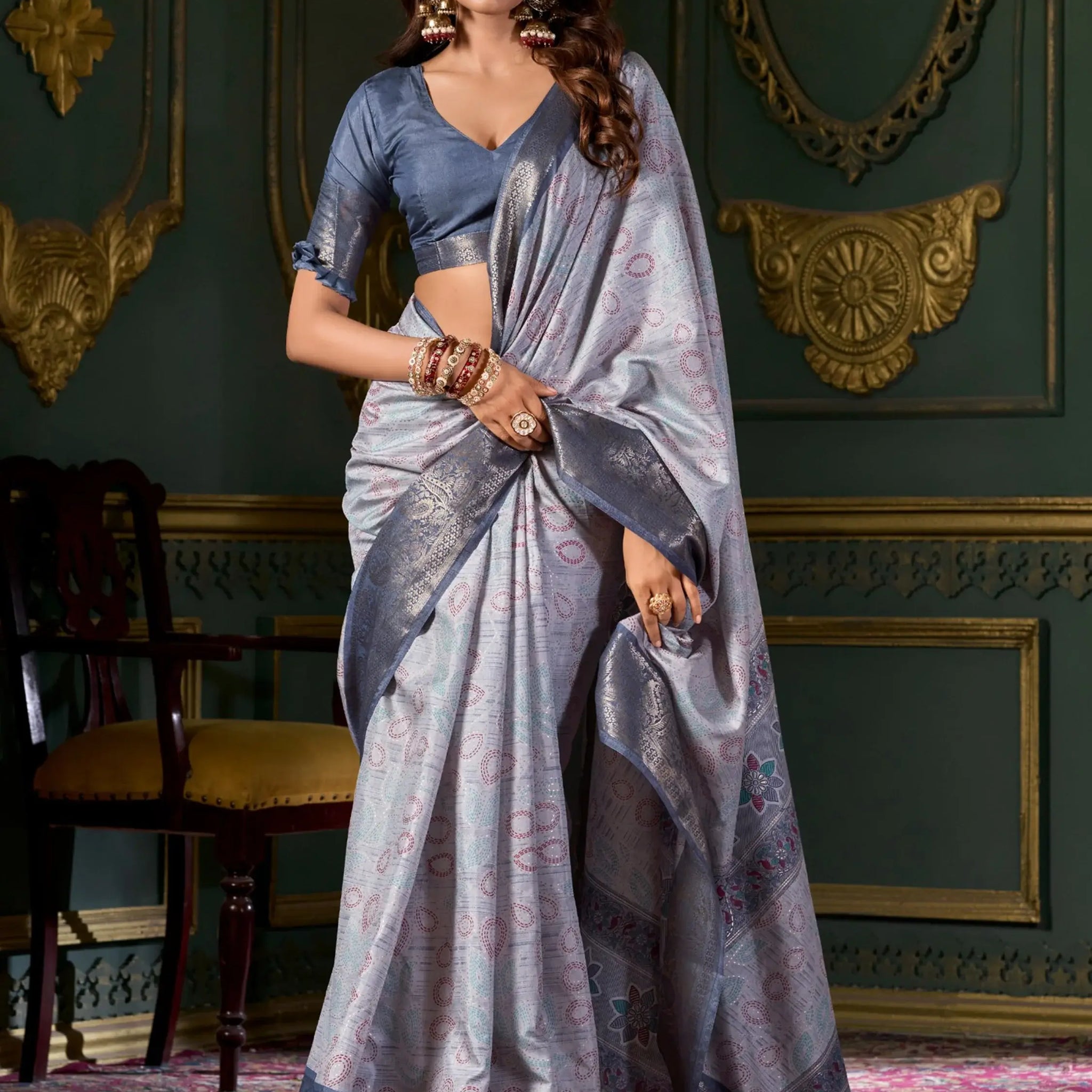 Attractive Dusty Blue Printed Dola Silk Event Wear Saree With Blouse - Zeel Clothing