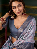 Attractive Dusty Blue Printed Dola Silk Event Wear Saree With Blouse - Zeel Clothing