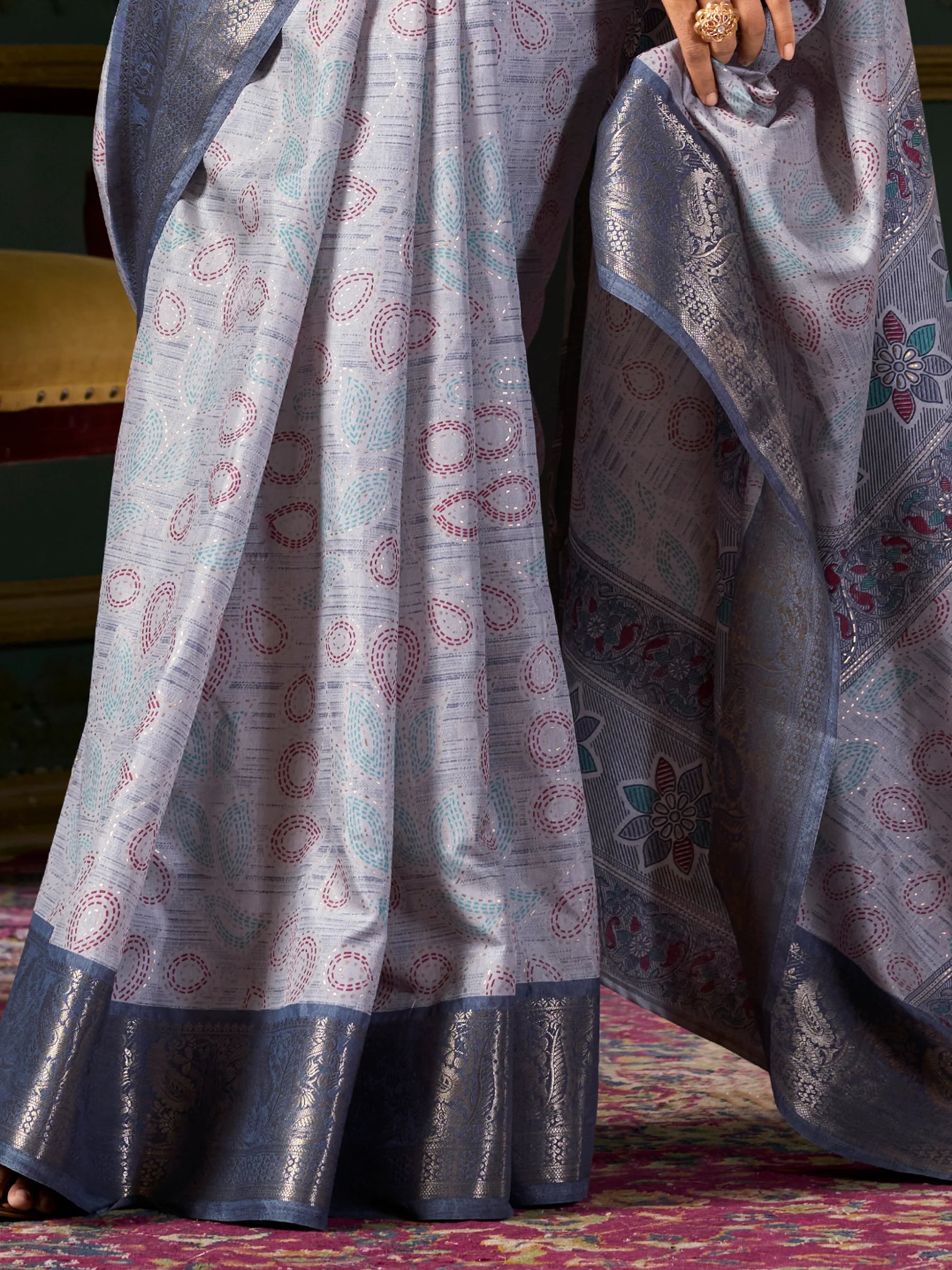 Attractive Dusty Blue Printed Dola Silk Event Wear Saree With Blouse - Zeel Clothing