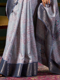 Attractive Dusty Blue Printed Dola Silk Event Wear Saree With Blouse - Zeel Clothing