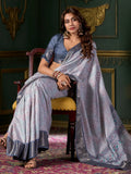 Attractive Dusty Blue Printed Dola Silk Event Wear Saree With Blouse - Zeel Clothing