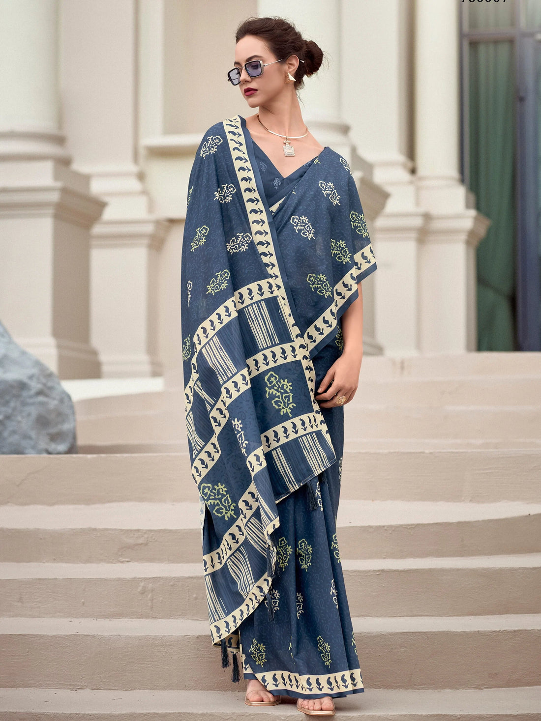 Attractive Dusty Blue Printed Silk Event Wear Saree With Blouse - Zeel Clothing