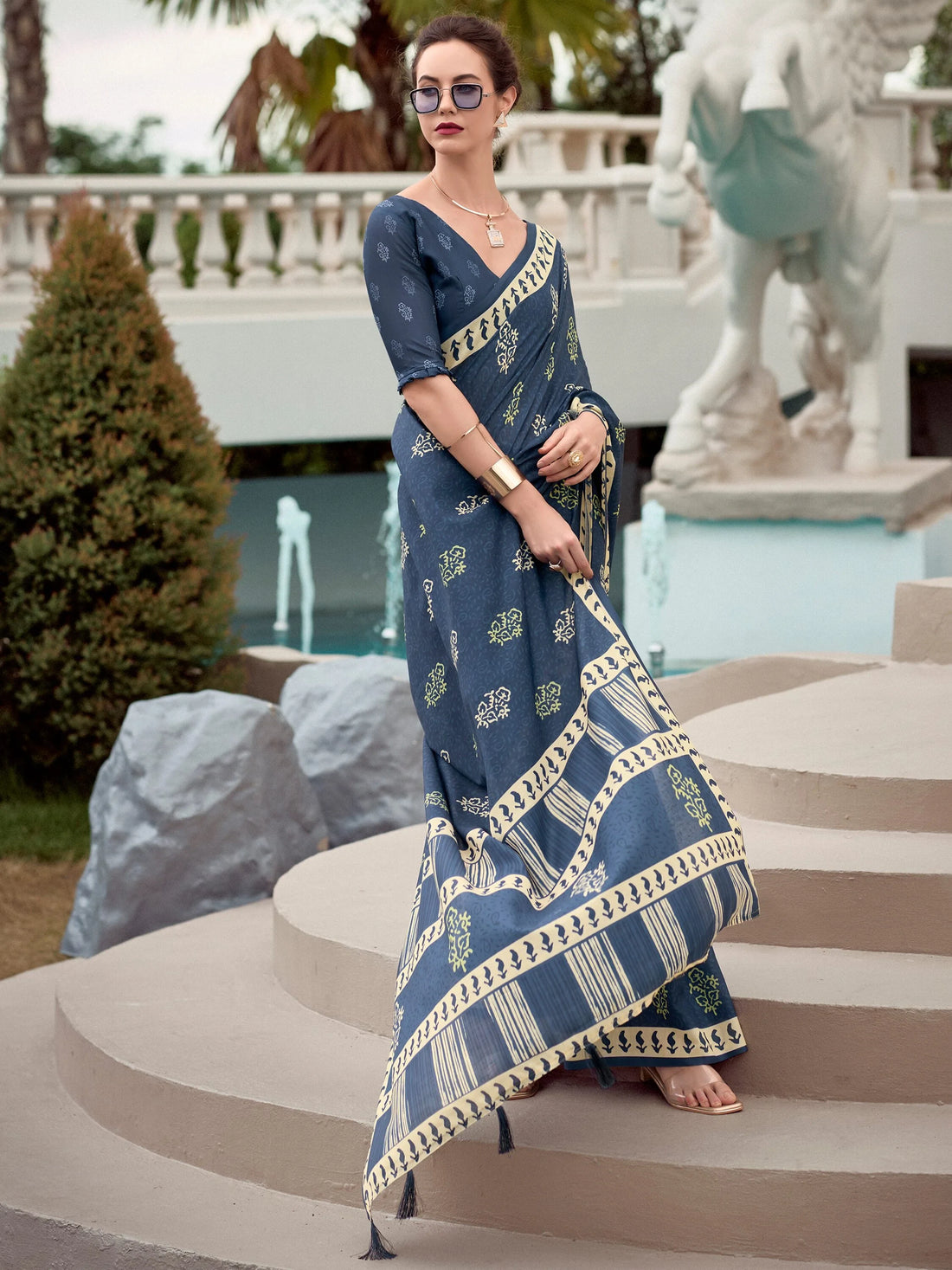 Attractive Dusty Blue Printed Silk Event Wear Saree With Blouse - Zeel Clothing