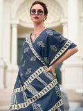 Attractive Dusty Blue Printed Silk Event Wear Saree With Blouse - Zeel Clothing