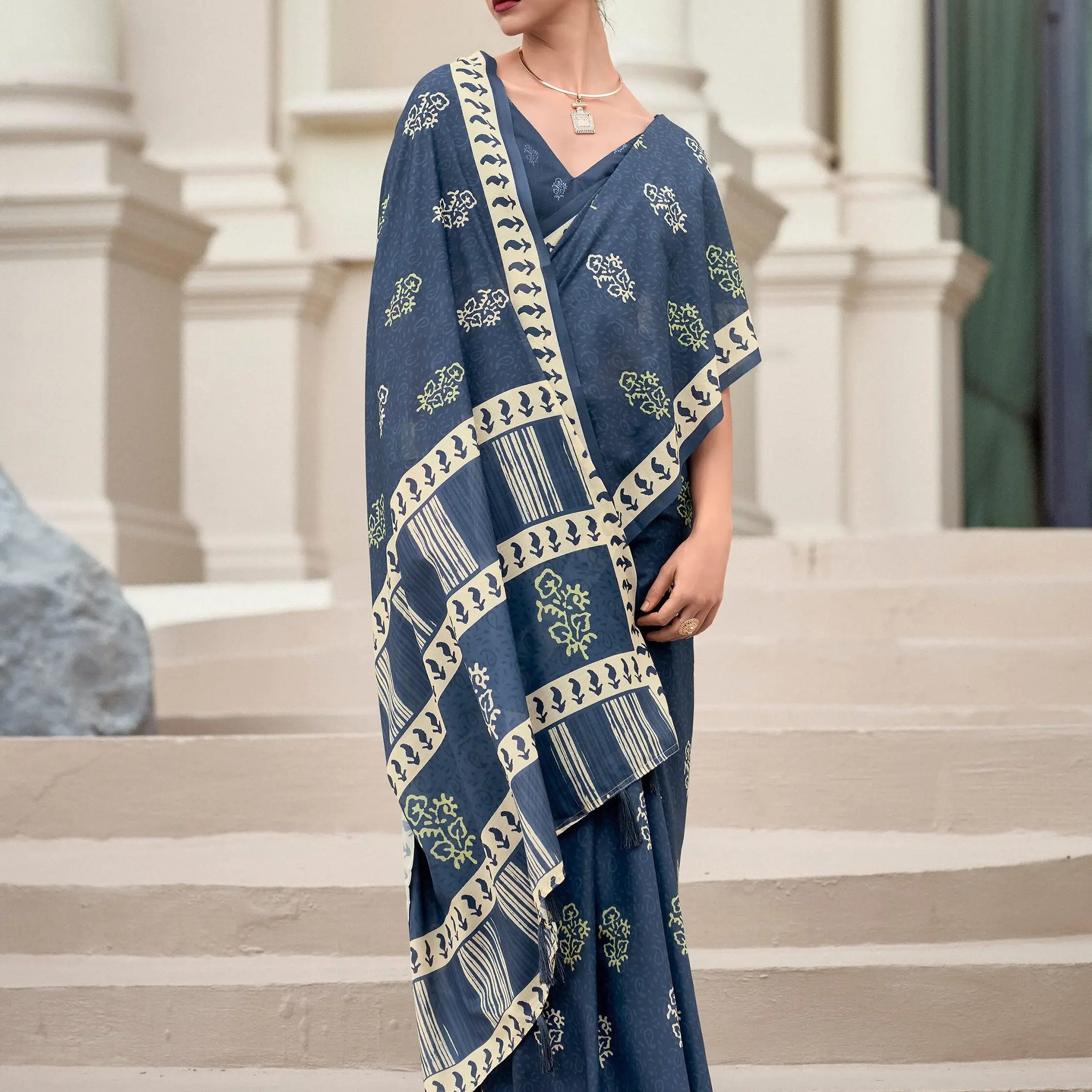 Attractive Dusty Blue Printed Silk Event Wear Saree With Blouse - Zeel Clothing