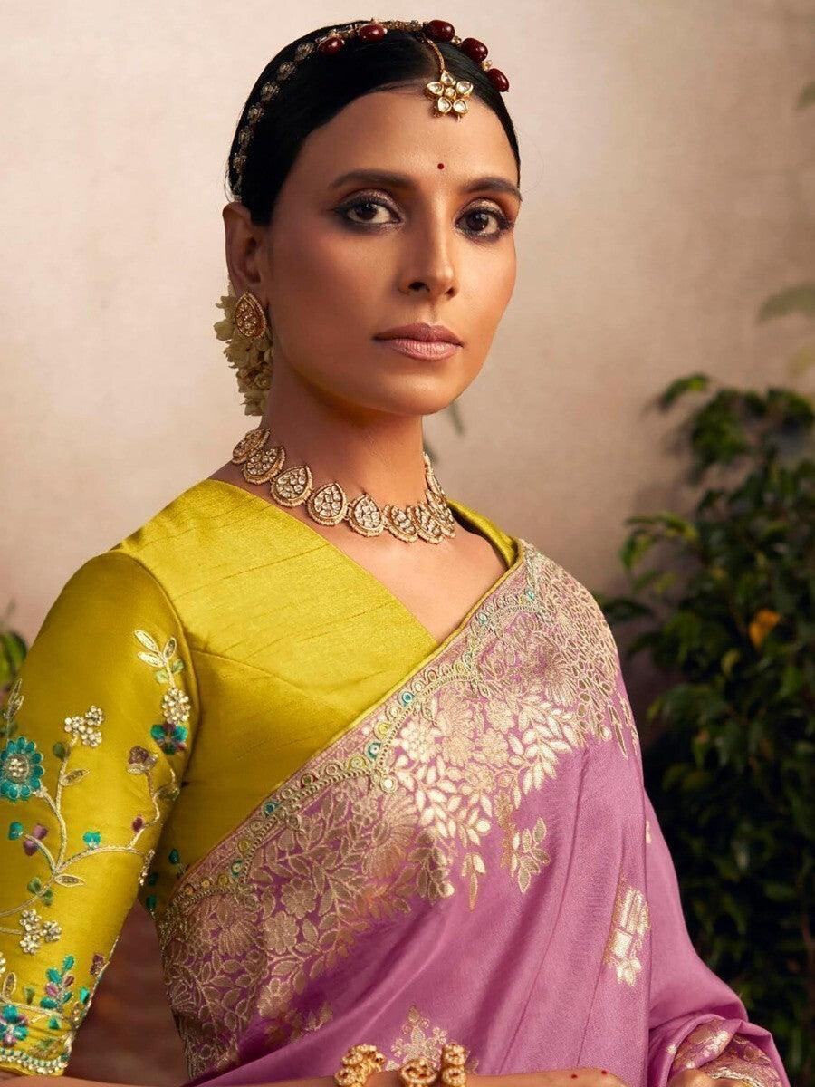 Attractive Dusty Pink Zari Woven Silk Reception Wear Saree With Blouse