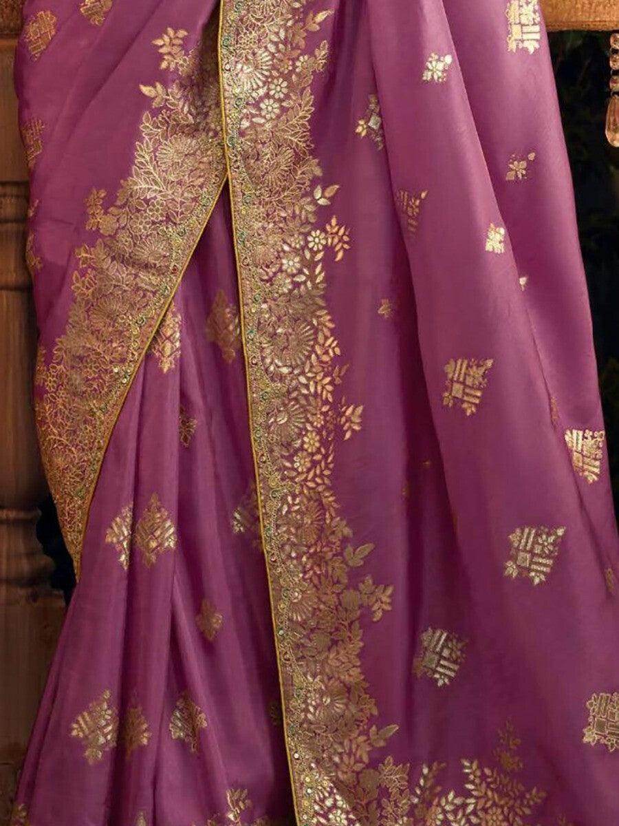 Attractive Dusty Pink Zari Woven Silk Reception Wear Saree With Blouse - Zeel Clothing