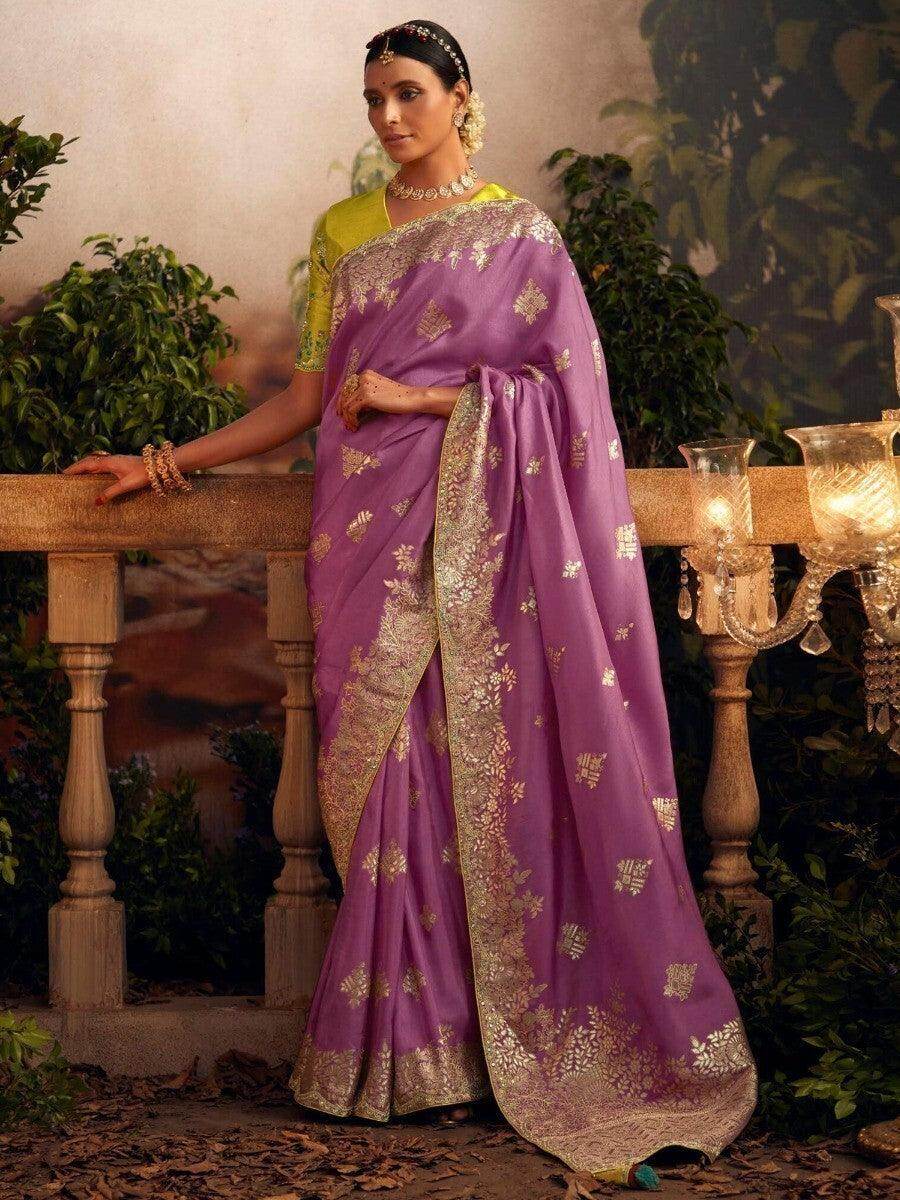 Attractive Dusty Pink Zari Woven Silk Reception Wear Saree With Blouse - Zeel Clothing
