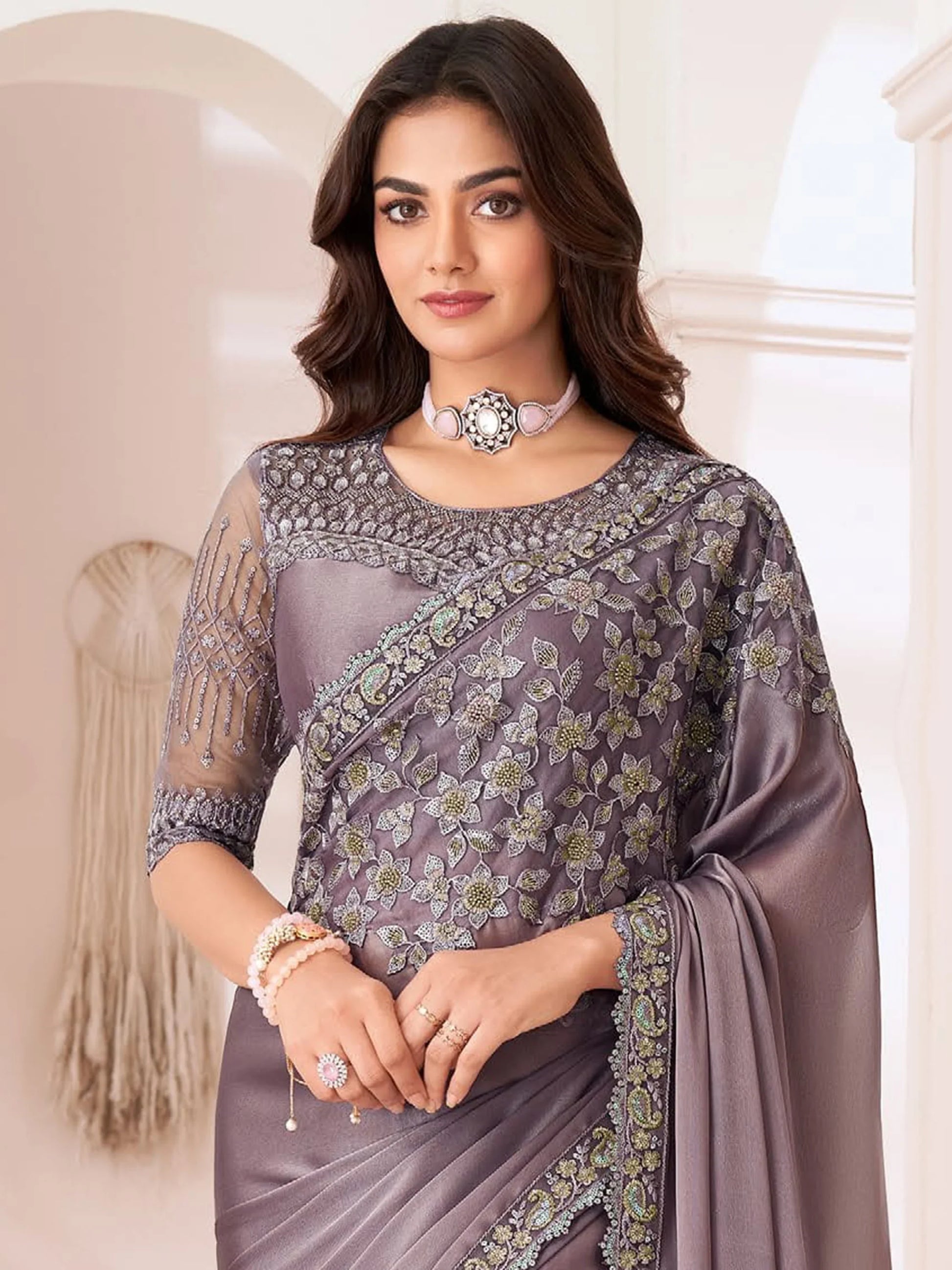 Attractive Dusty Purple Embroidered Georgette Designer Saree - Zeel Clothing