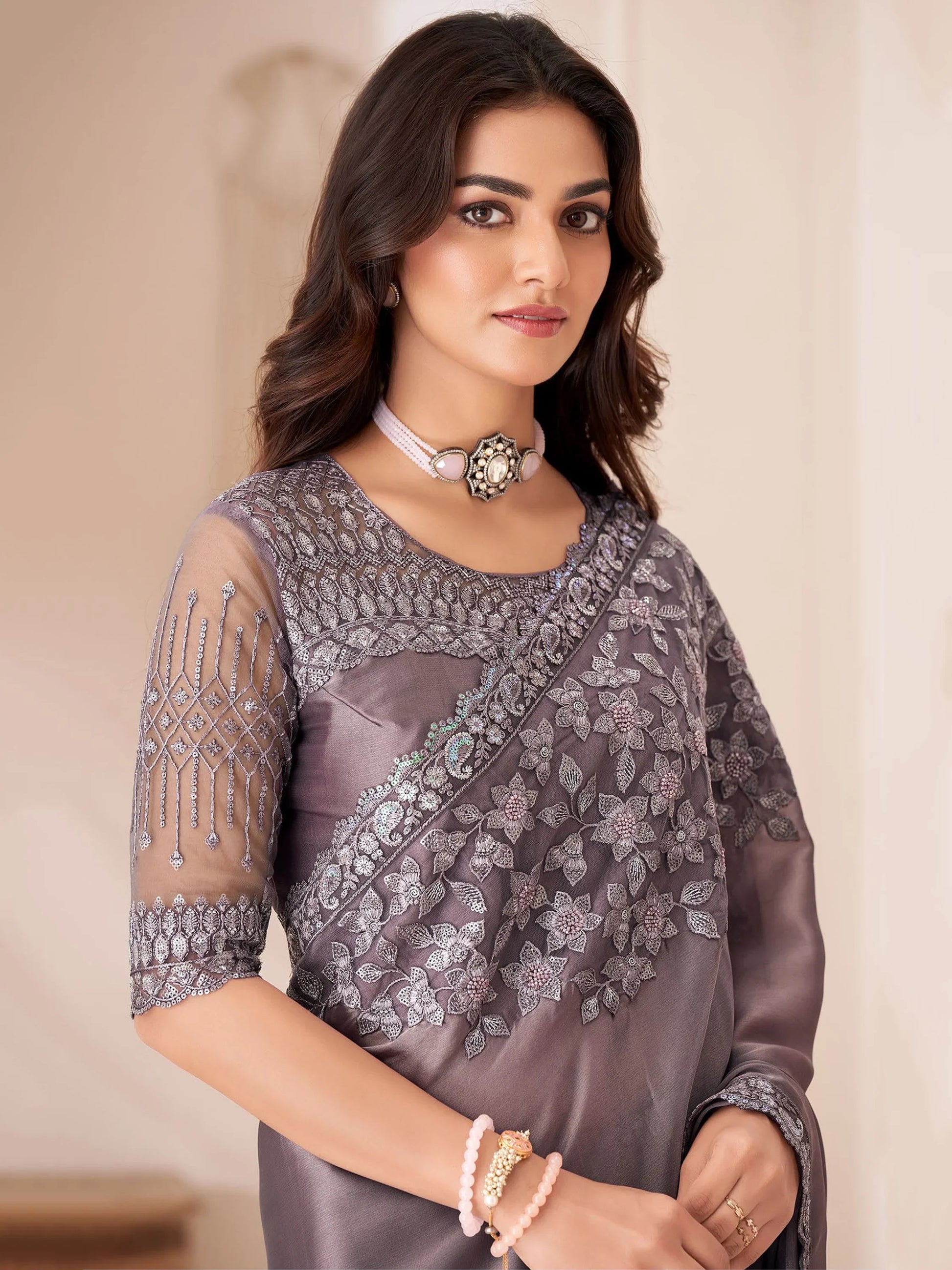 Attractive Dusty Purple Embroidered Georgette Designer Saree - Zeel Clothing