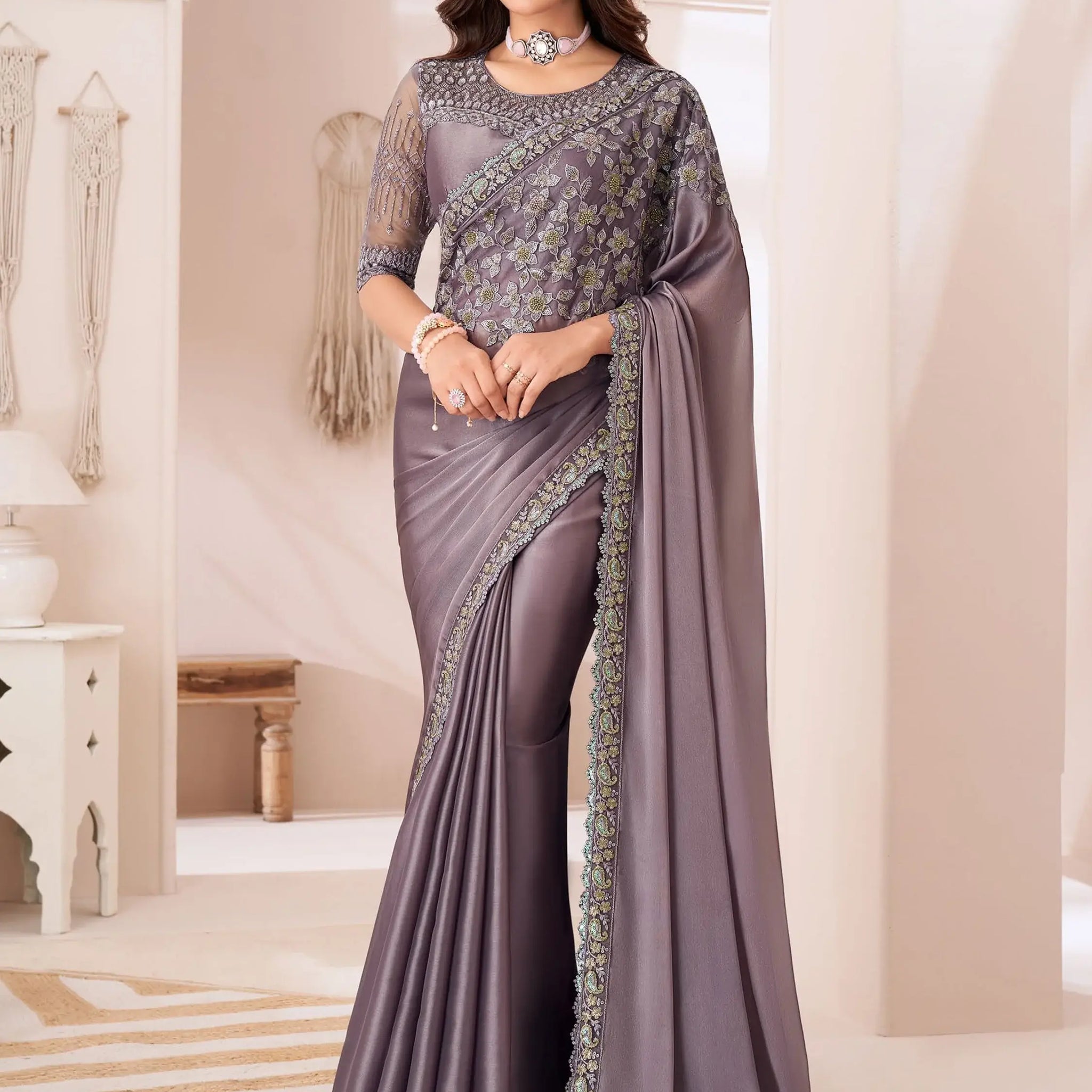 Attractive Dusty Purple Embroidered Georgette Designer Saree - Zeel Clothing
