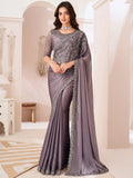 Attractive Dusty Purple Embroidered Georgette Designer Saree - Zeel Clothing
