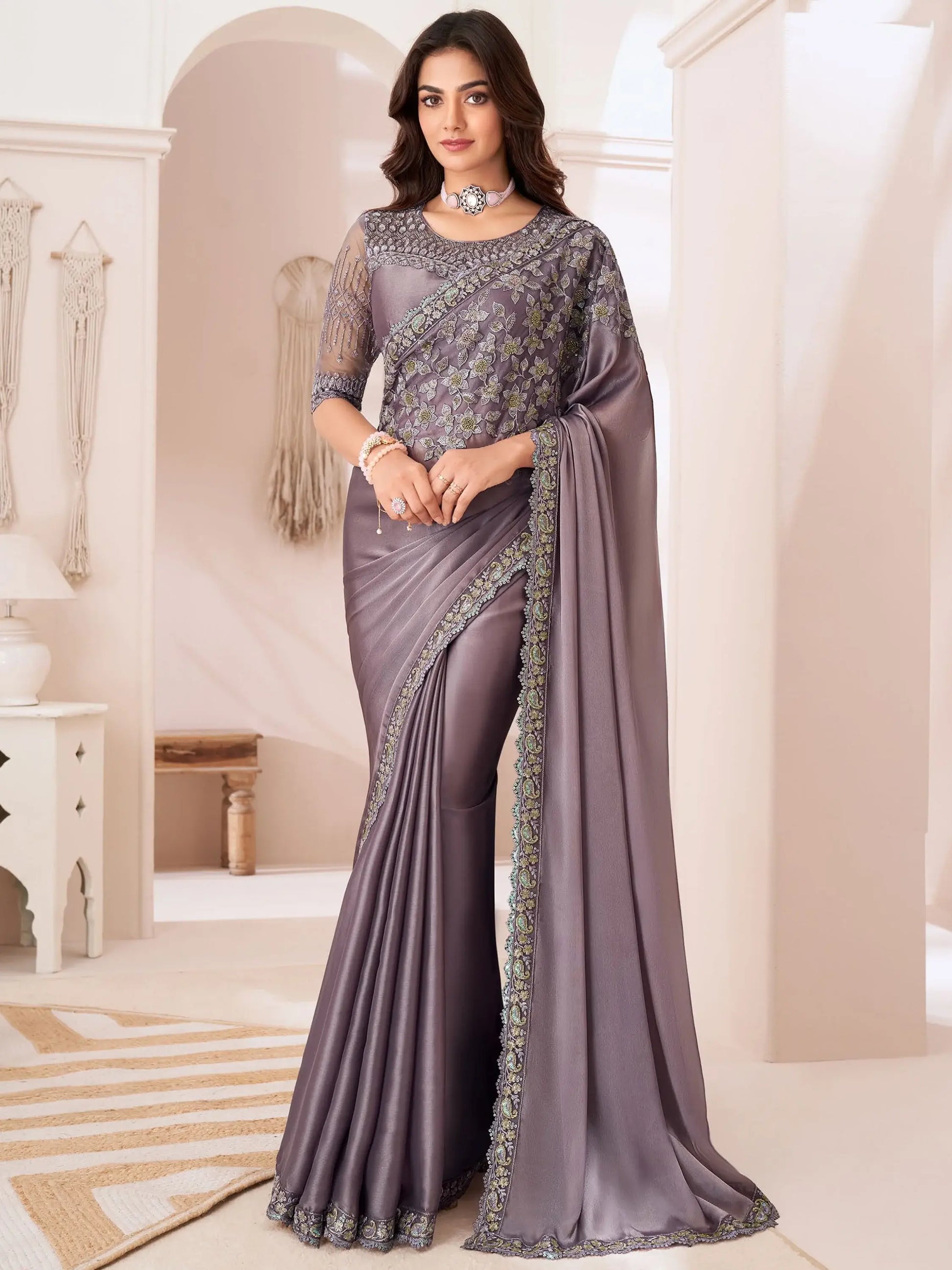 Attractive Dusty Purple Embroidered Georgette Designer Saree - Zeel Clothing