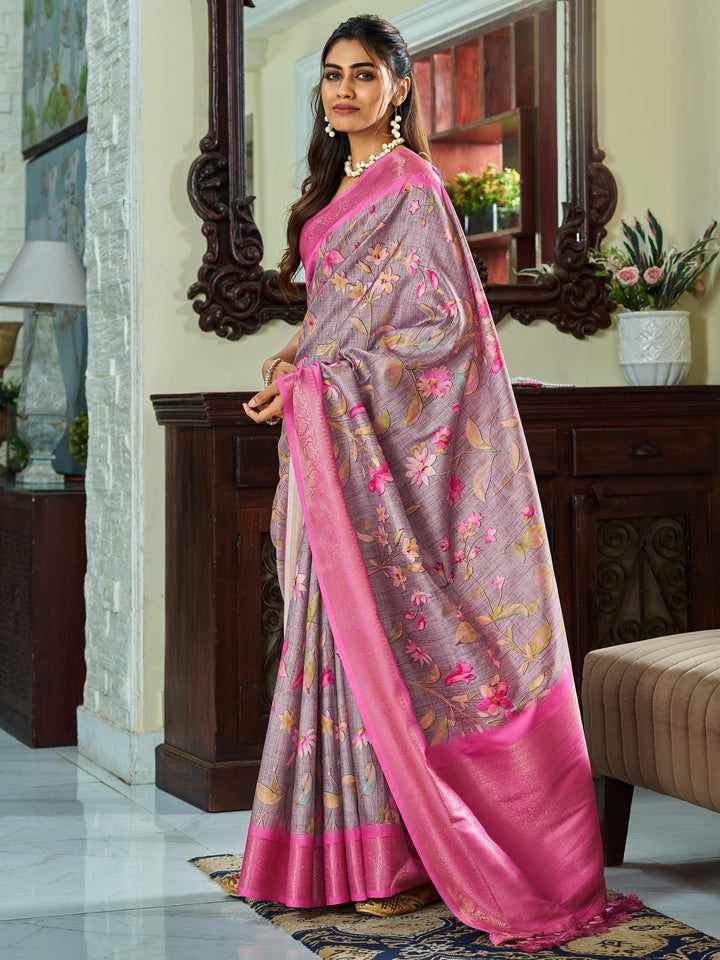 Attractive Dusty Purple Floral Printed Silk Sangeet Wear Saree