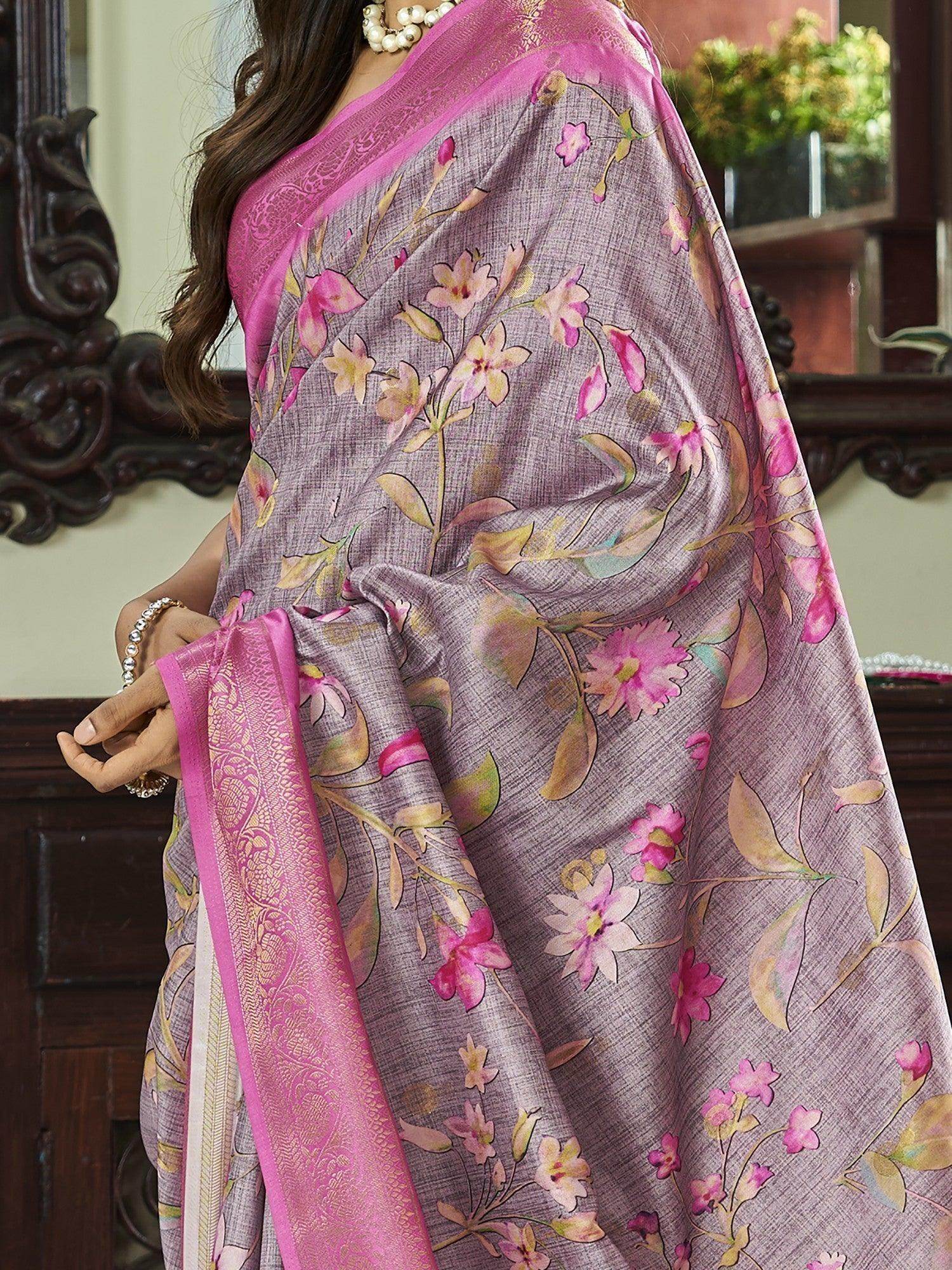 Attractive Dusty Purple Floral Printed Silk Sangeet Wear Saree - Zeel Clothing