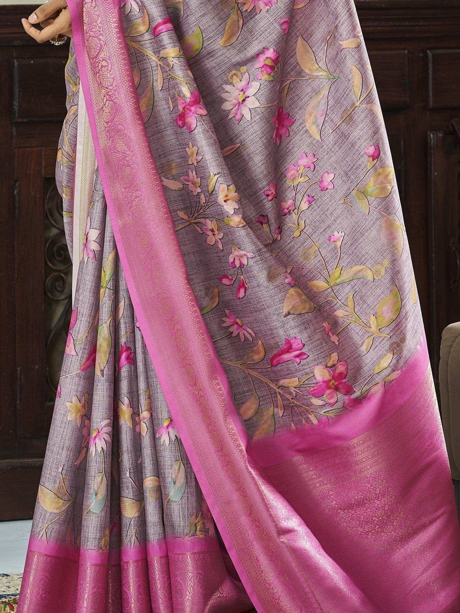 Attractive Dusty Purple Floral Printed Silk Sangeet Wear Saree - Zeel Clothing