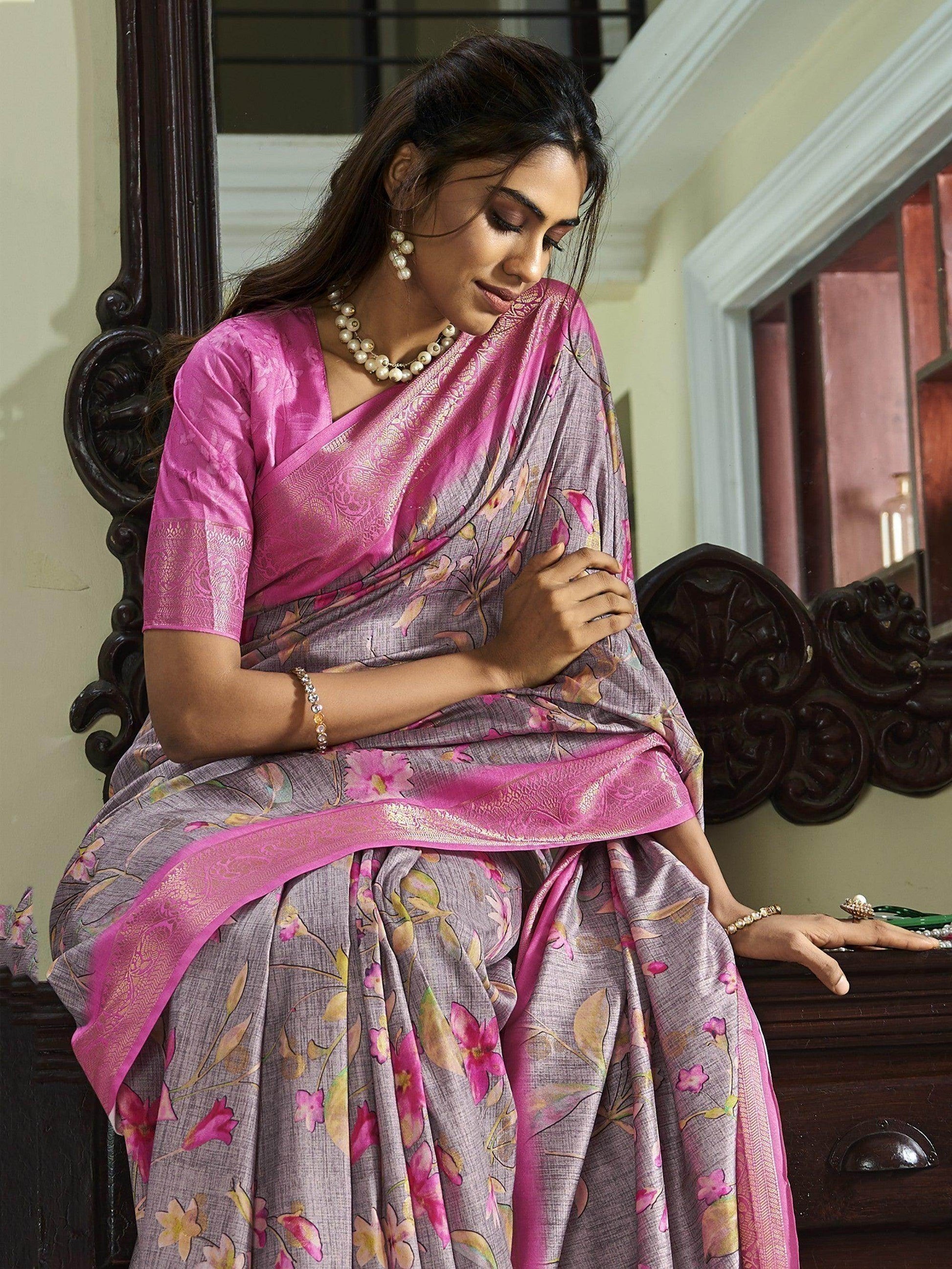 Attractive Dusty Purple Floral Printed Silk Sangeet Wear Saree - Zeel Clothing