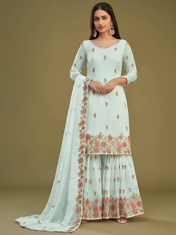 Attractive Firozi Embroidered Georgette Function Wear Sharara Suits - Zeel Clothing
