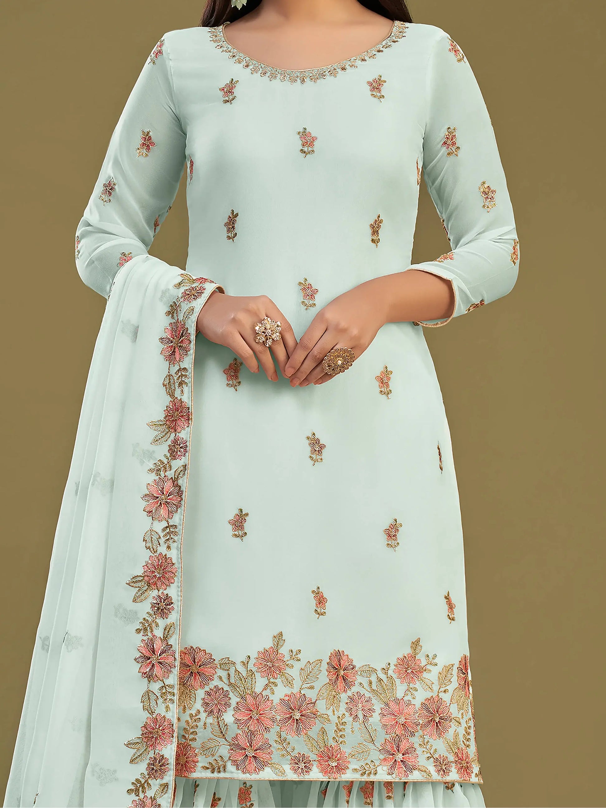 Attractive Firozi Embroidered Georgette Function Wear Sharara Suits - Zeel Clothing