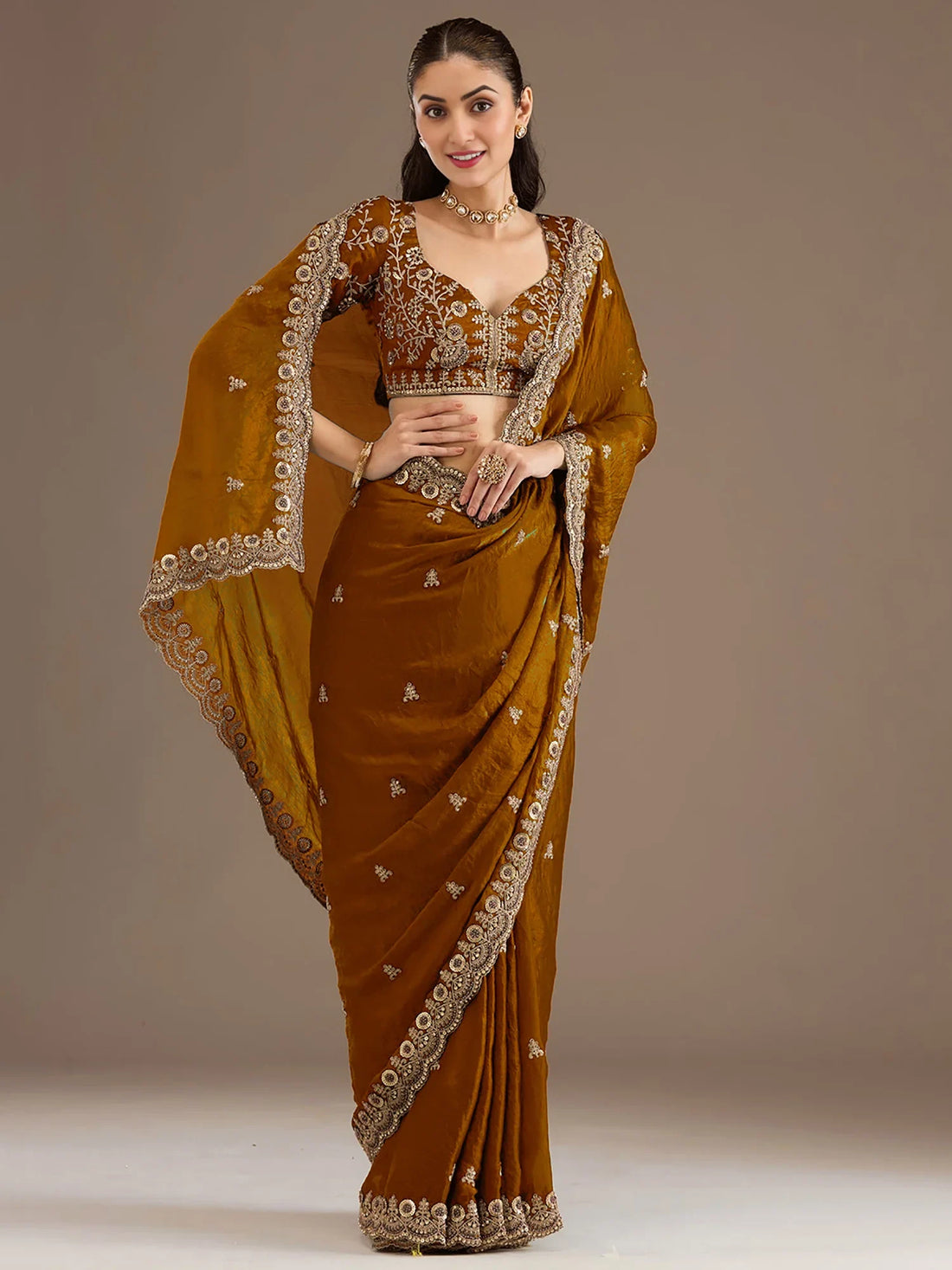 Attractive Golden Embroidered Tissue Party Wear Saree With Blouse