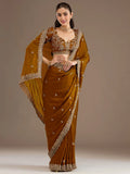 Attractive Golden Embroidered Tissue Party Wear Saree With Blouse
