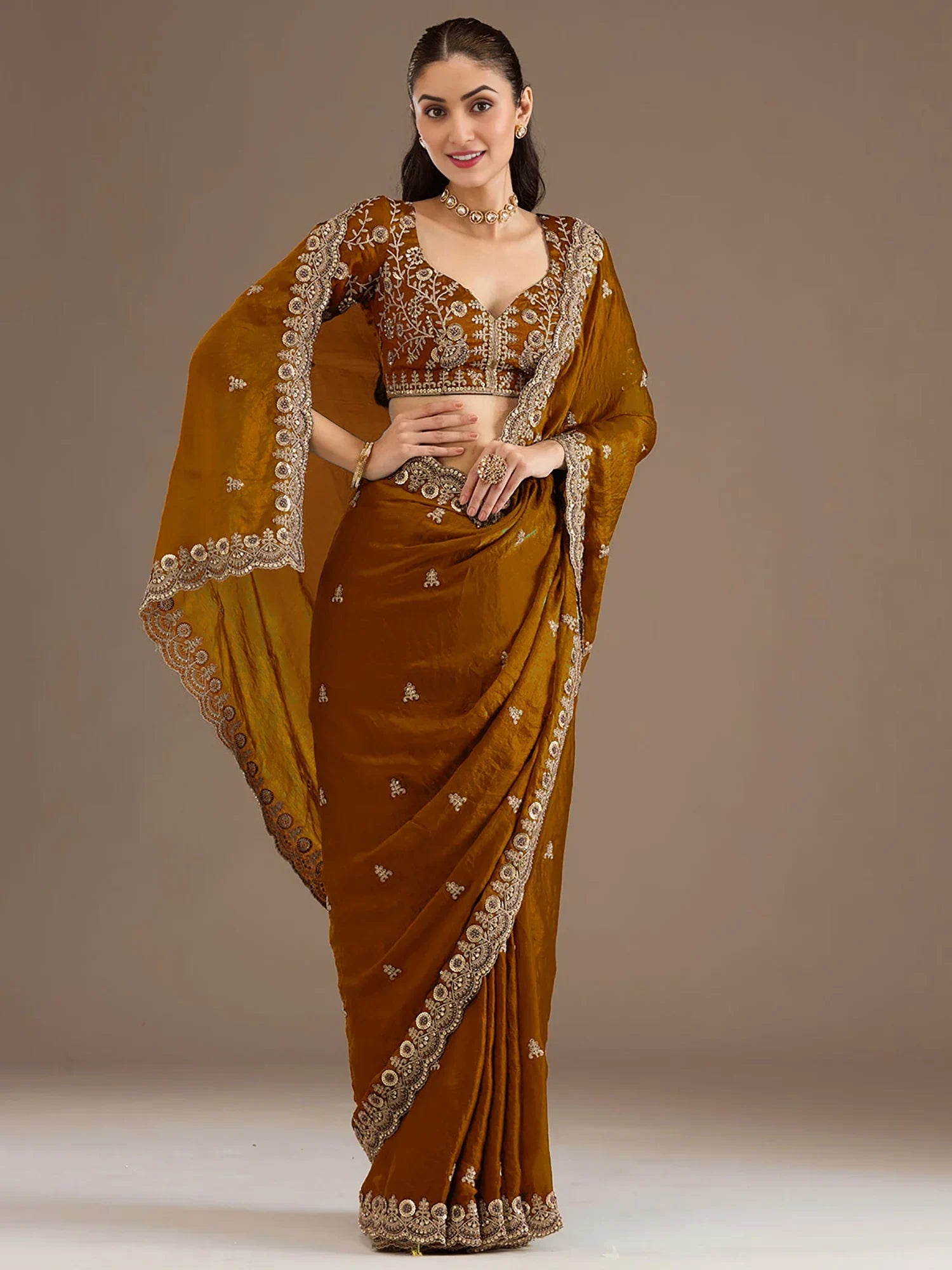 Attractive Golden Embroidered Tissue Party Wear Saree With Blouse