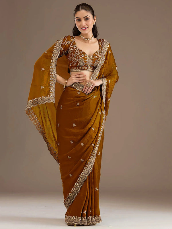 Attractive Golden Embroidered Tissue Party Wear Saree With Blouse