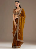 Attractive Golden Embroidered Tissue Party Wear Saree With Blouse