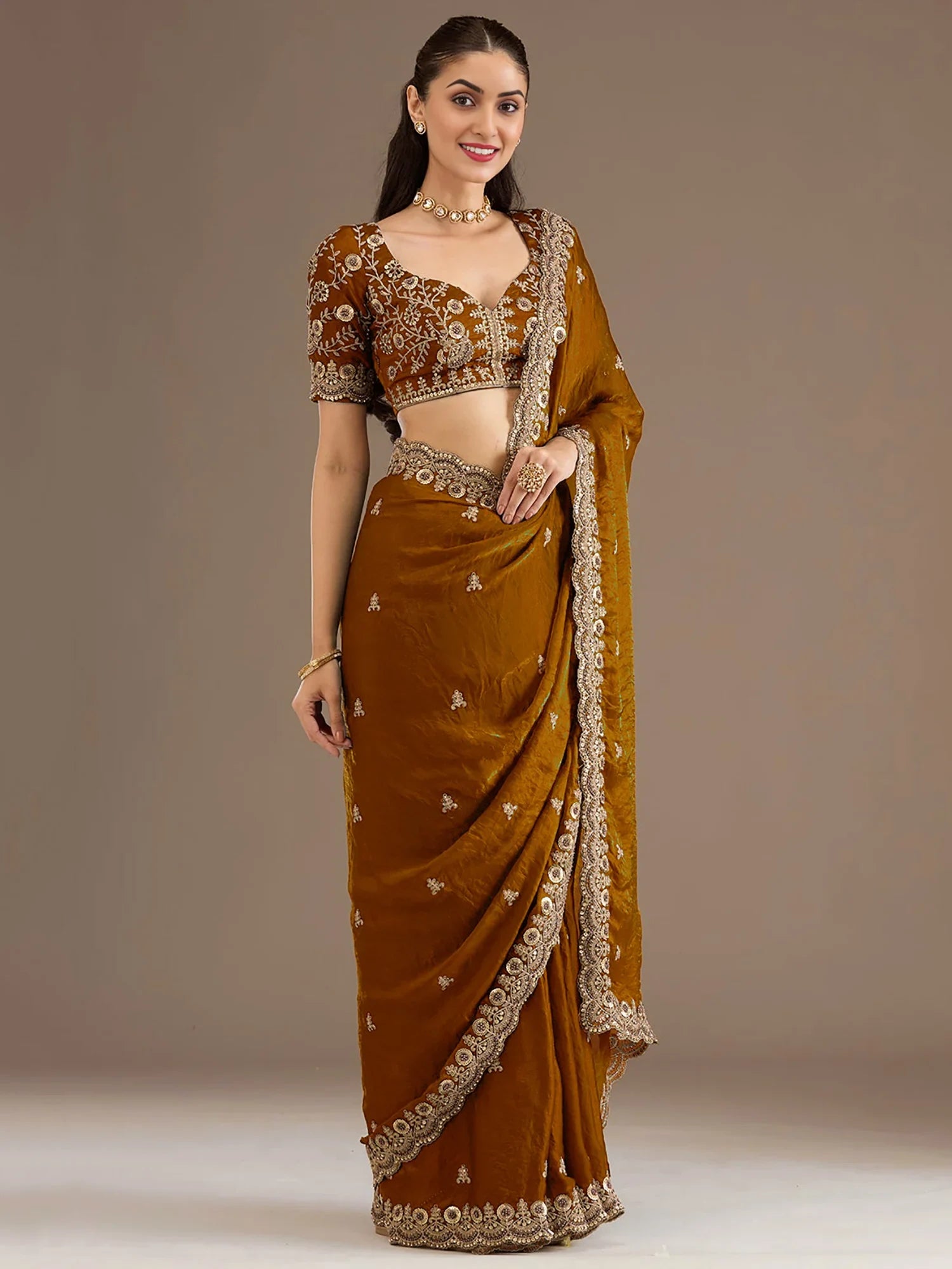 Attractive Golden Embroidered Tissue Party Wear Saree With Blouse