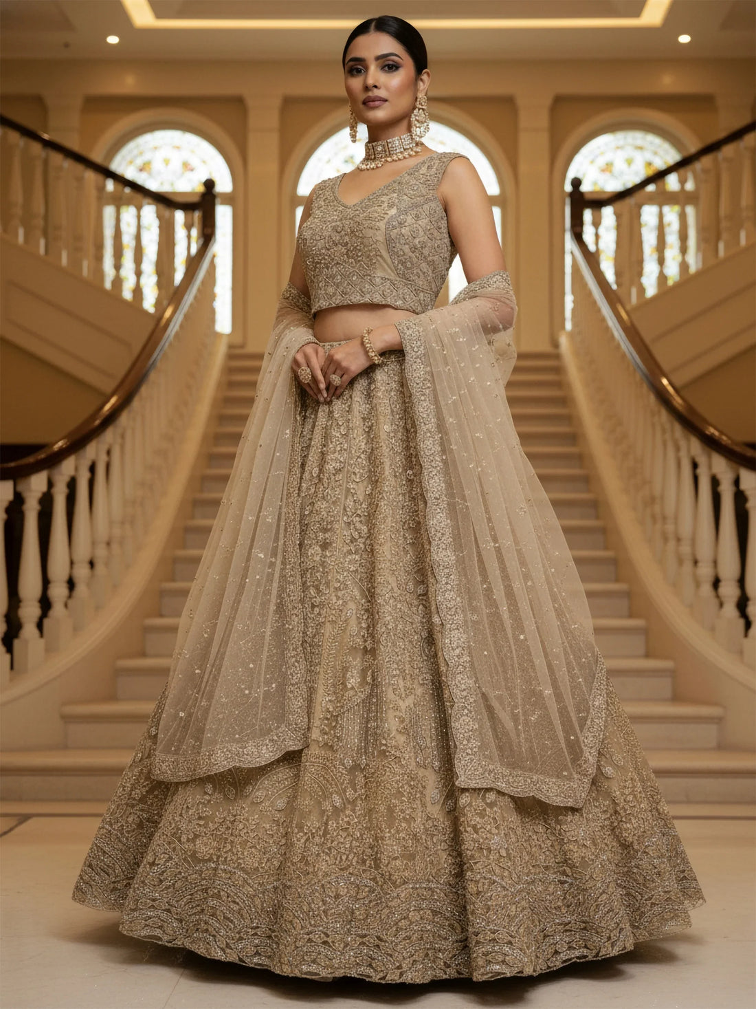 Attractive Golden Zircon Work Net Reception Wear Lehenga Choli With Dupatta