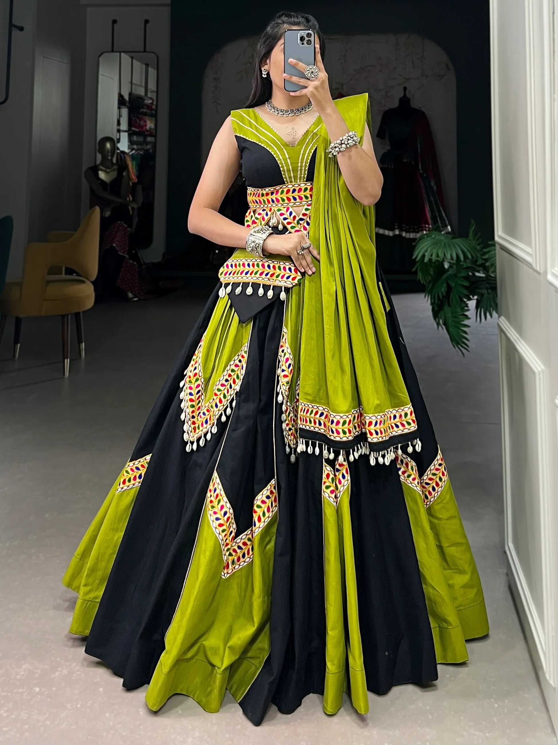 Attractive Green & Black Cotton Navratri Lehenga Choli With Dupatta - Zeel Clothing