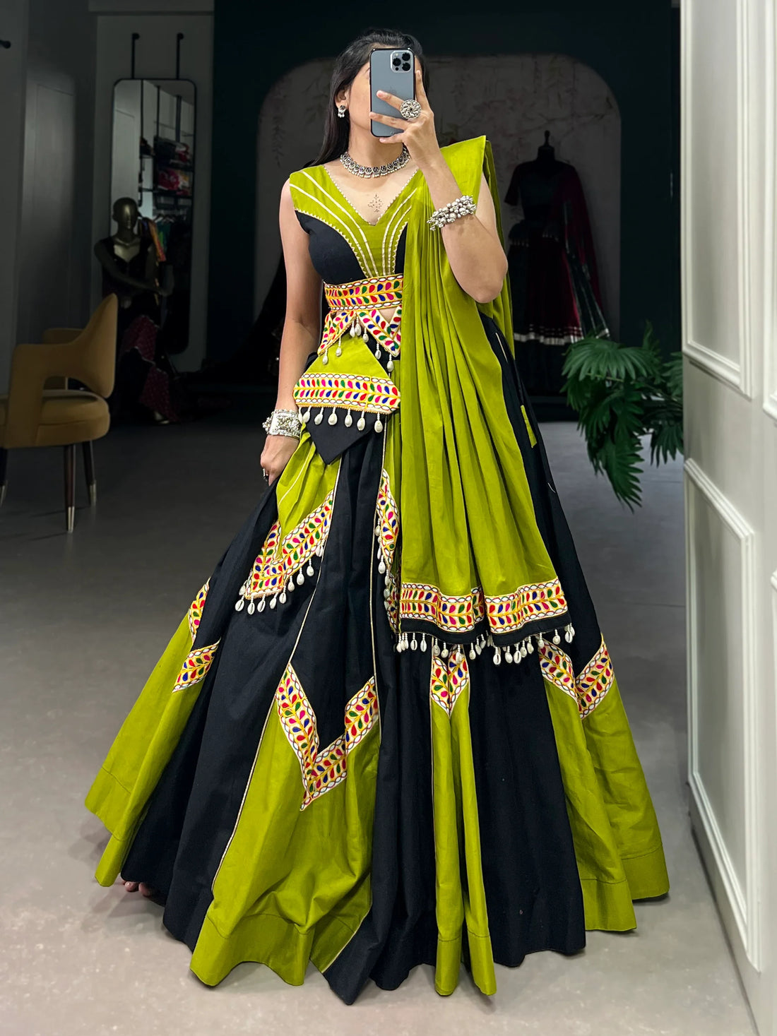 Attractive Green & Black Cotton Navratri Lehenga Choli With Dupatta - Zeel Clothing