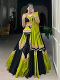 Attractive Green & Black Cotton Navratri Lehenga Choli With Dupatta - Zeel Clothing