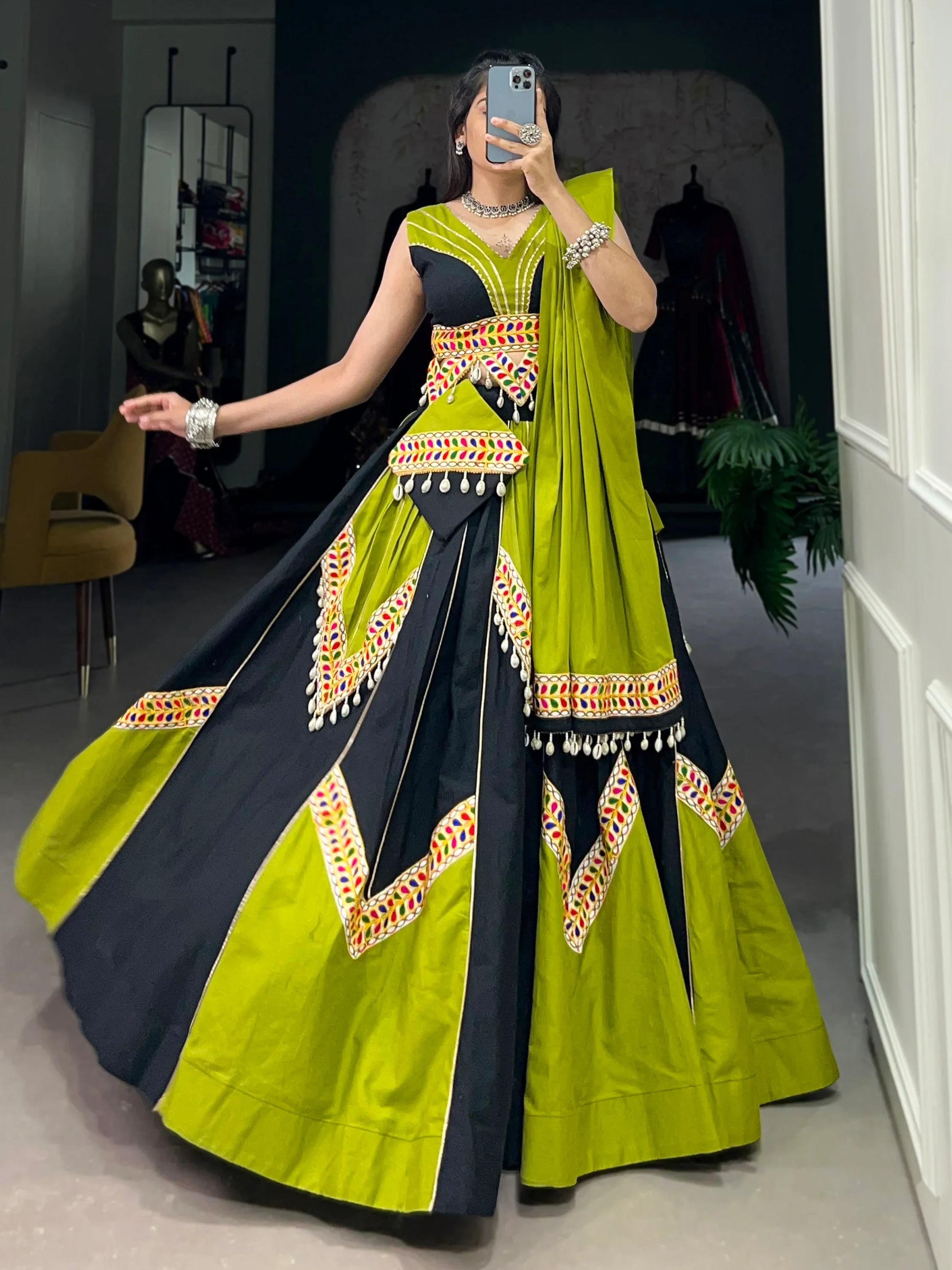 Attractive Green & Black Cotton Navratri Lehenga Choli With Dupatta - Zeel Clothing