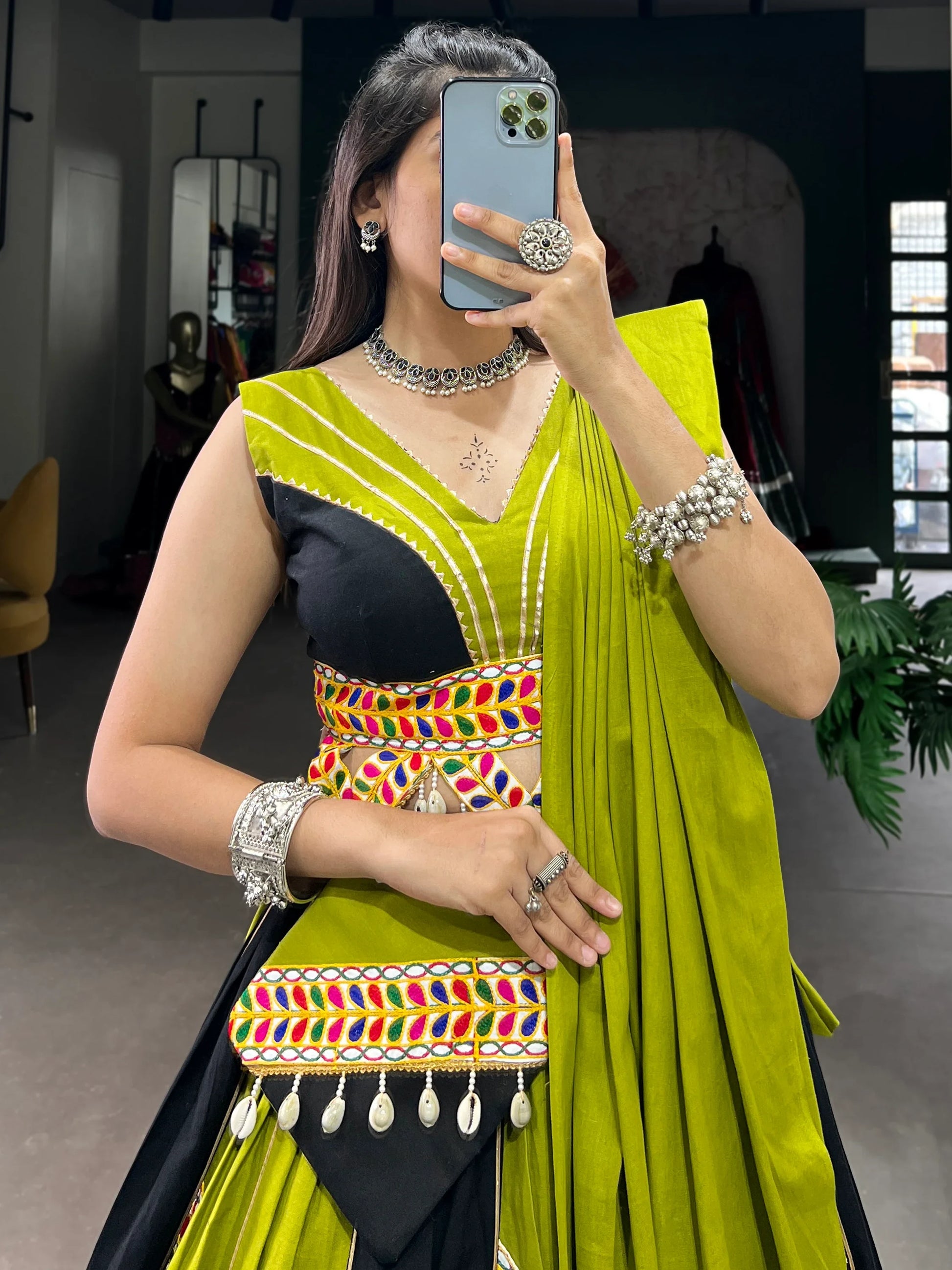 Attractive Green & Black Cotton Navratri Lehenga Choli With Dupatta - Zeel Clothing