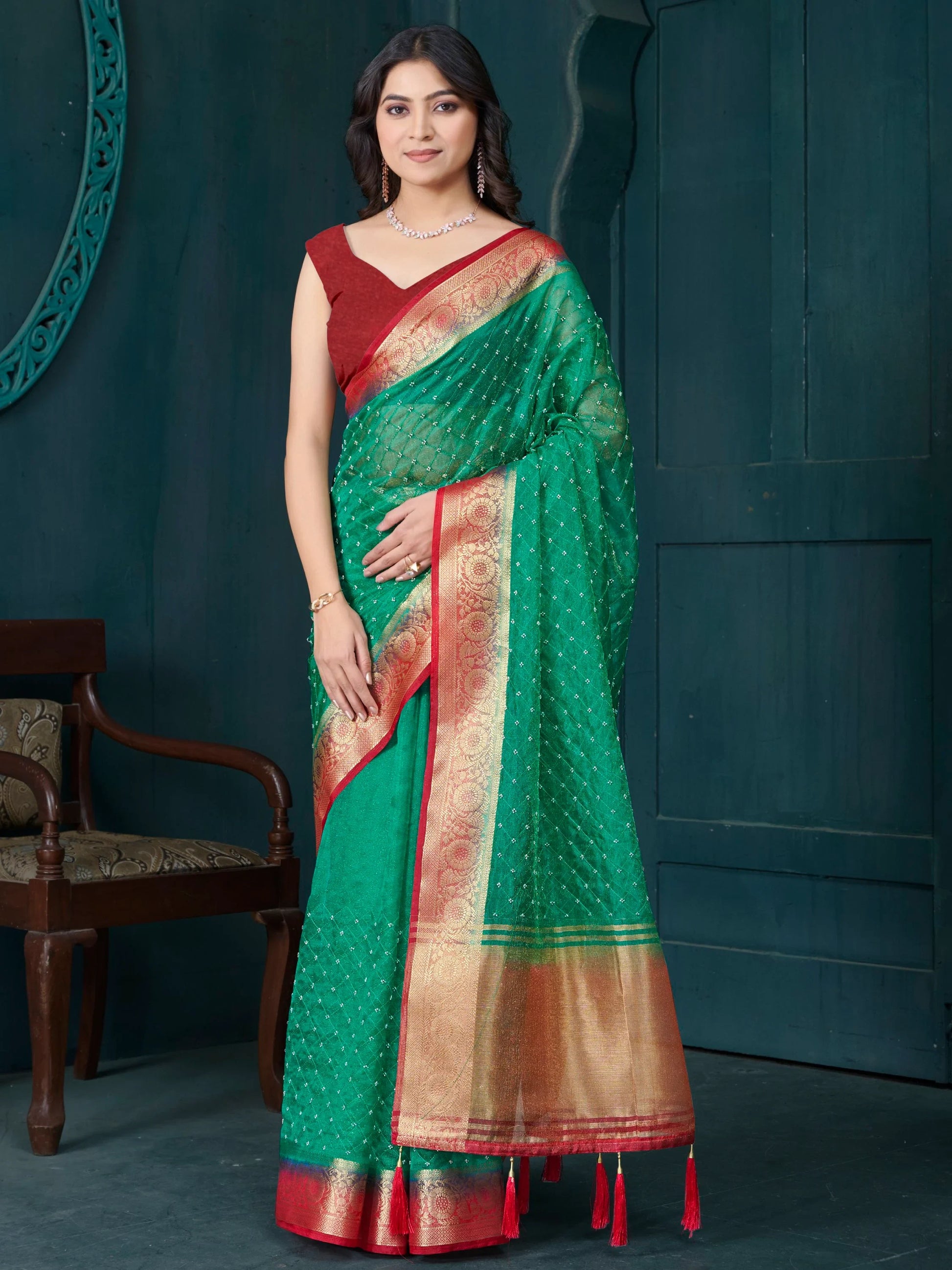 Attractive Green Bead Work Jacquard Event Wear Saree With Blouse - Zeel Clothing