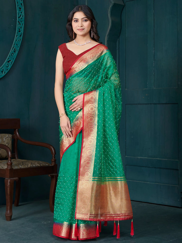 Attractive Green Bead Work Jacquard Event Wear Saree With Blouse - Zeel Clothing