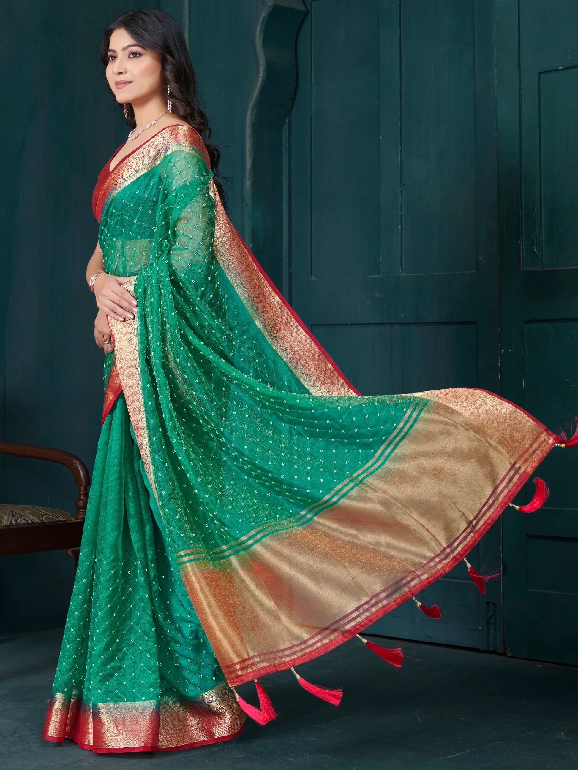 Attractive Green Bead Work Jacquard Event Wear Saree With Blouse - Zeel Clothing