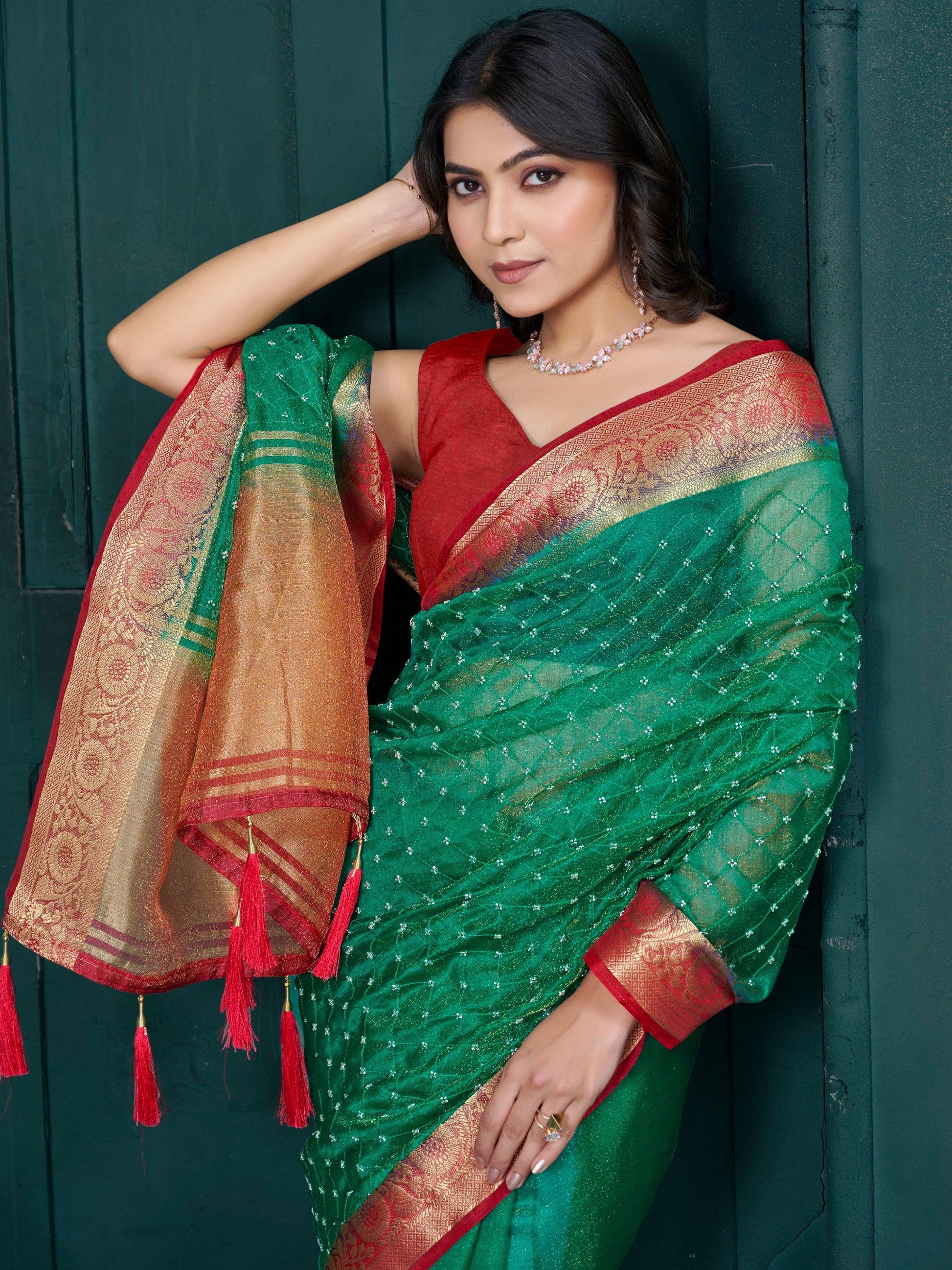 Attractive Green Bead Work Jacquard Event Wear Saree With Blouse - Zeel Clothing